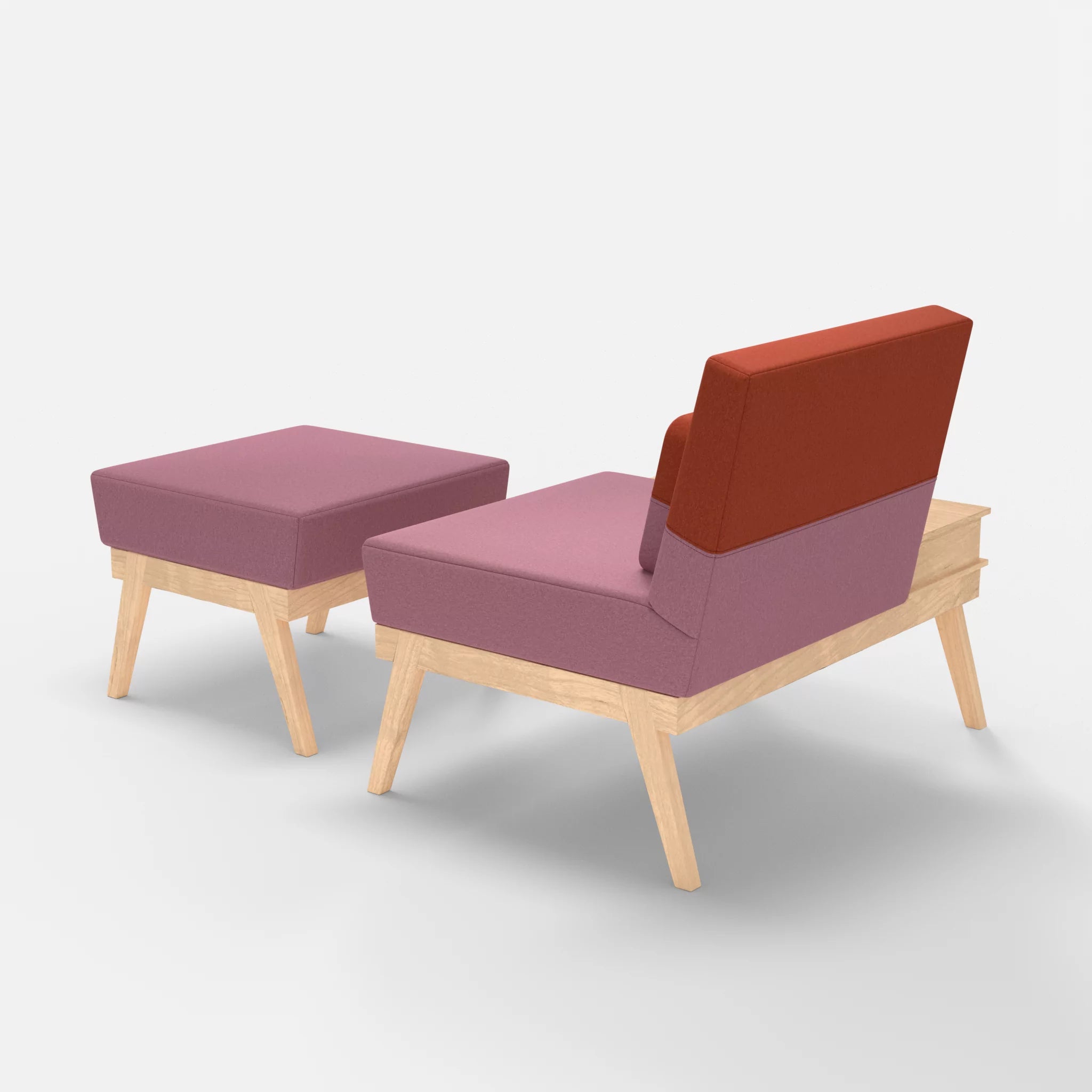 1er Sitzsofa Bauz mit Ablage links und Pouf dama0084-dama0062 in Rosa und Orange von hinten