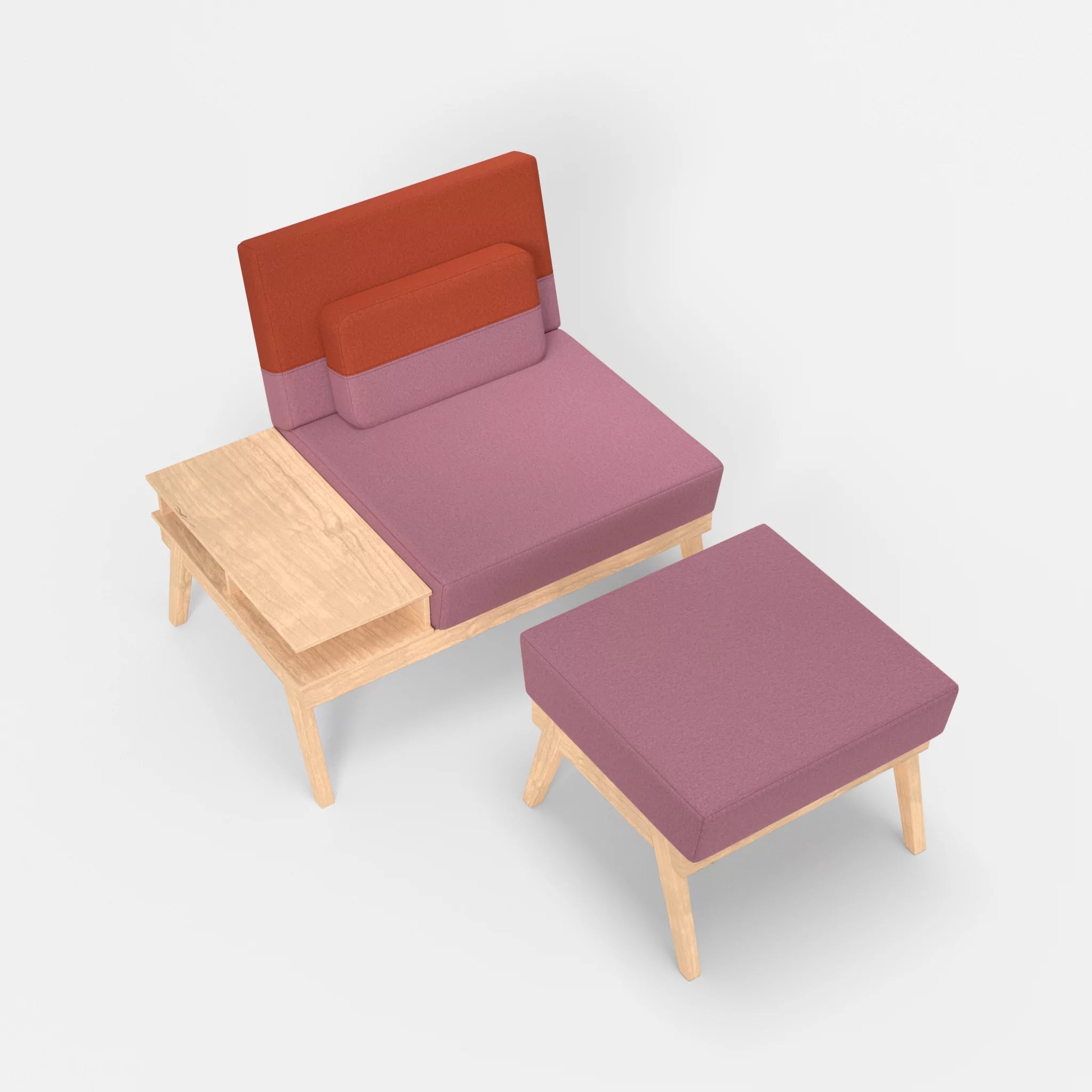 1er Sitzsofa Bauz mit Ablage links und Pouf dama0084-dama0062 in Rosa und Orange von oben