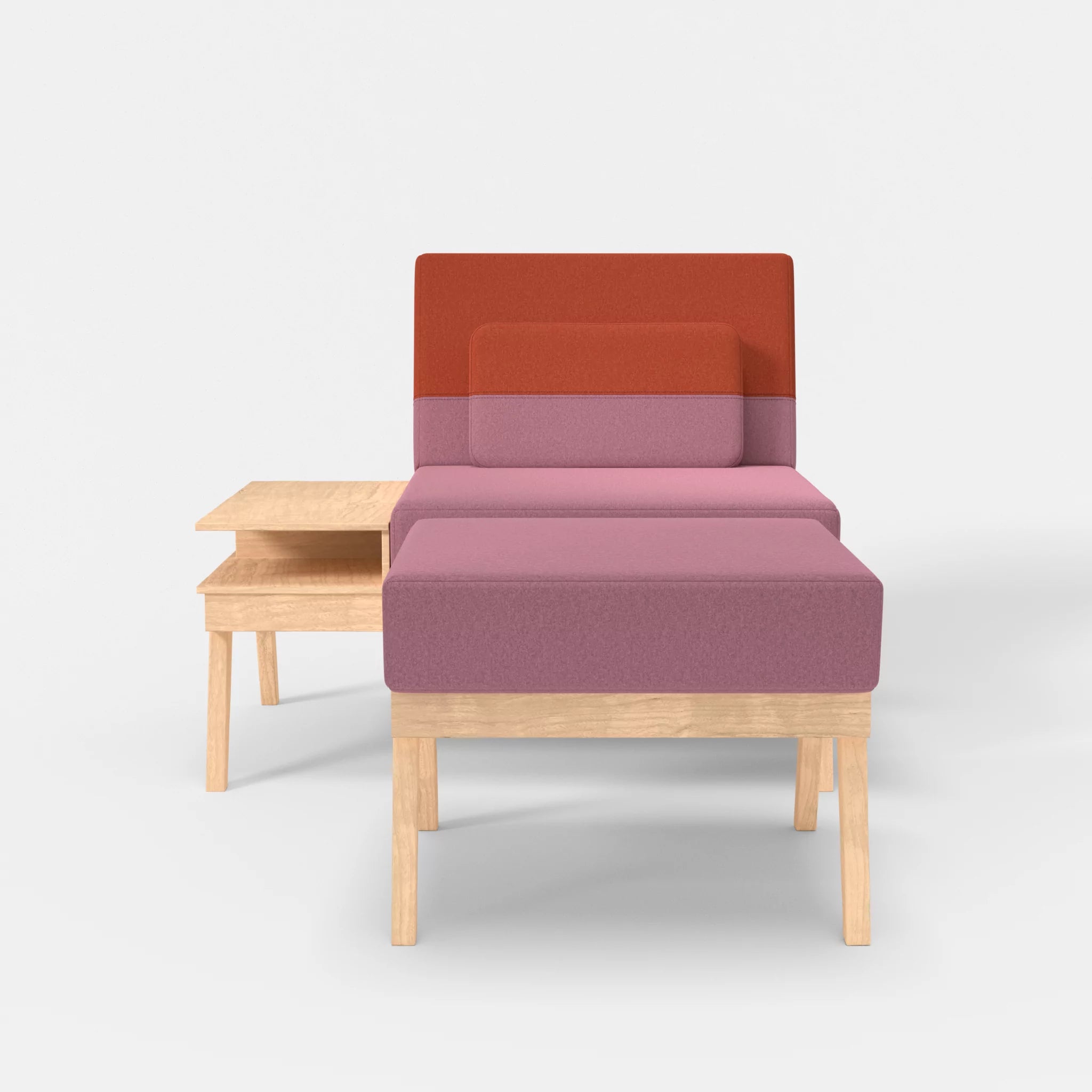1er Sitzsofa Bauz mit Ablage links und Pouf dama0084-dama0062 in Rosa und Orange von vorne