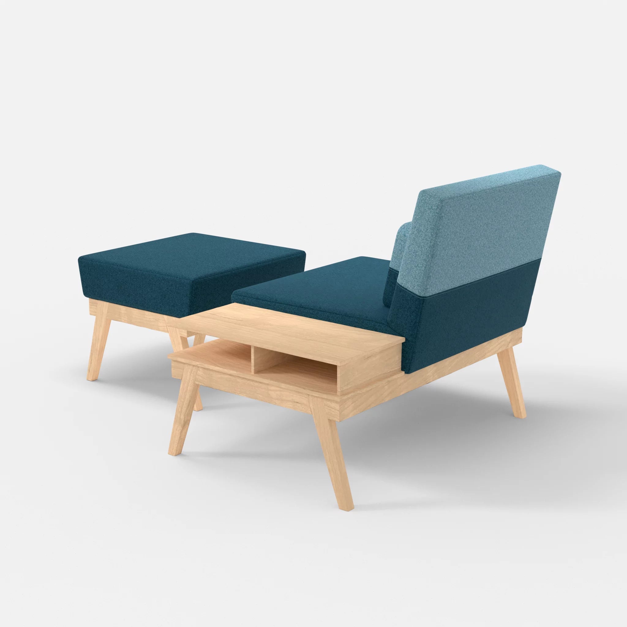 1er Sitzsofa Bauz mit Ablage rechts und Pouf celia0203-celia0209 in Blau und Türkis von hinten