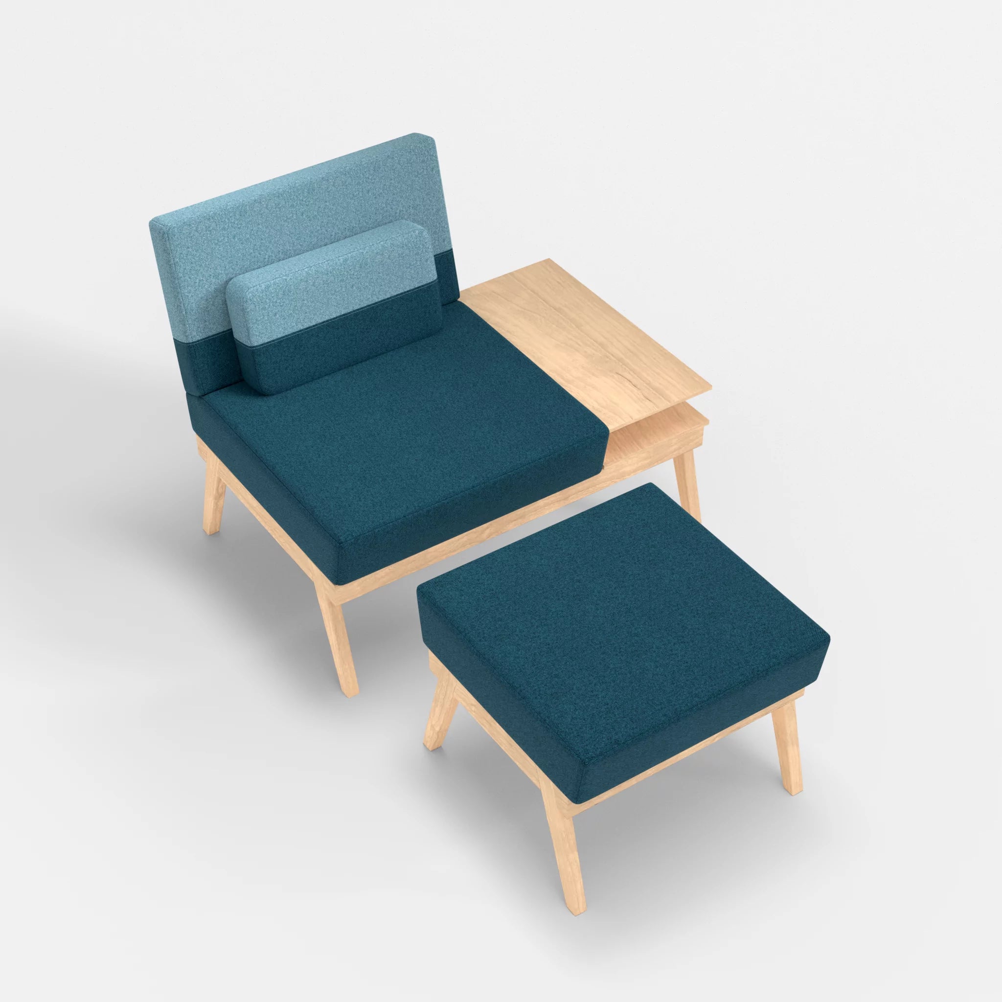 1er Sitzsofa Bauz mit Ablage rechts und Pouf celia0203-celia0209 in Blau und Türkis von oben