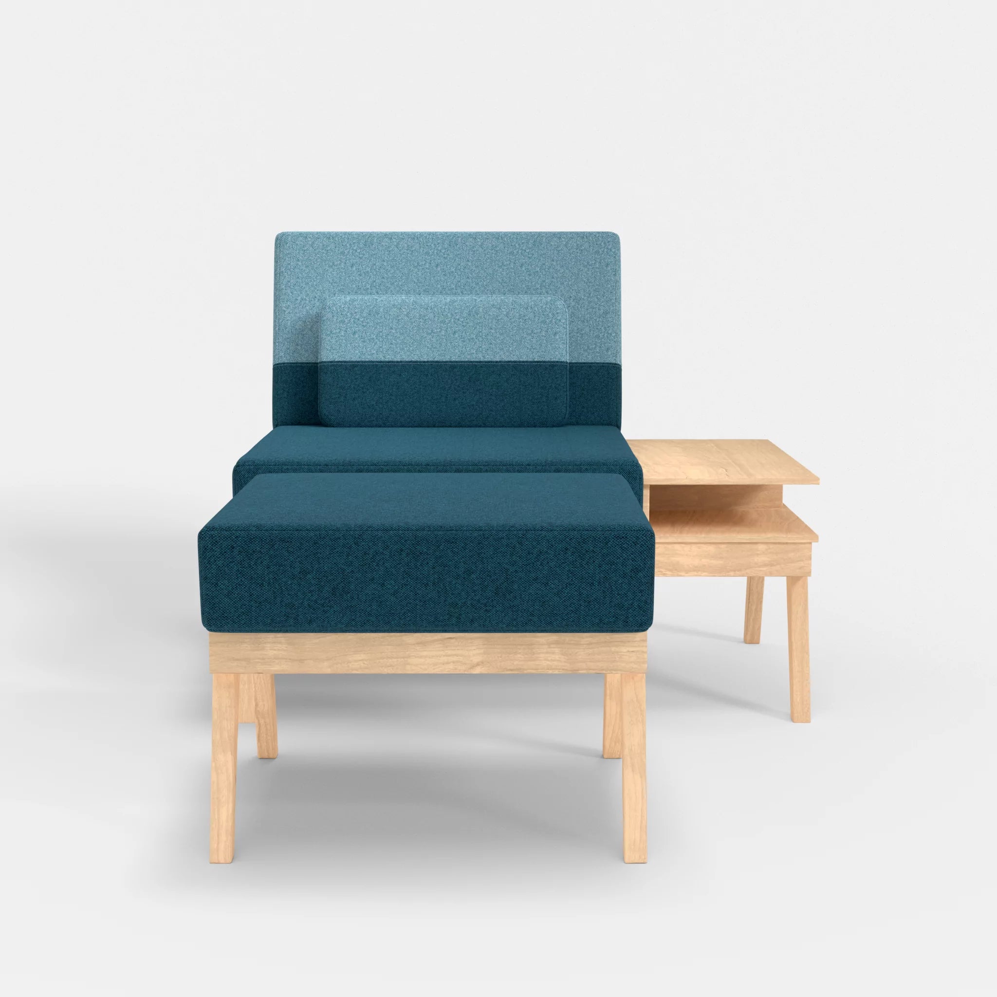 1er Sitzsofa Bauz mit Ablage rechts und Pouf celia0203-celia0209 in Blau und Türkis von vorne