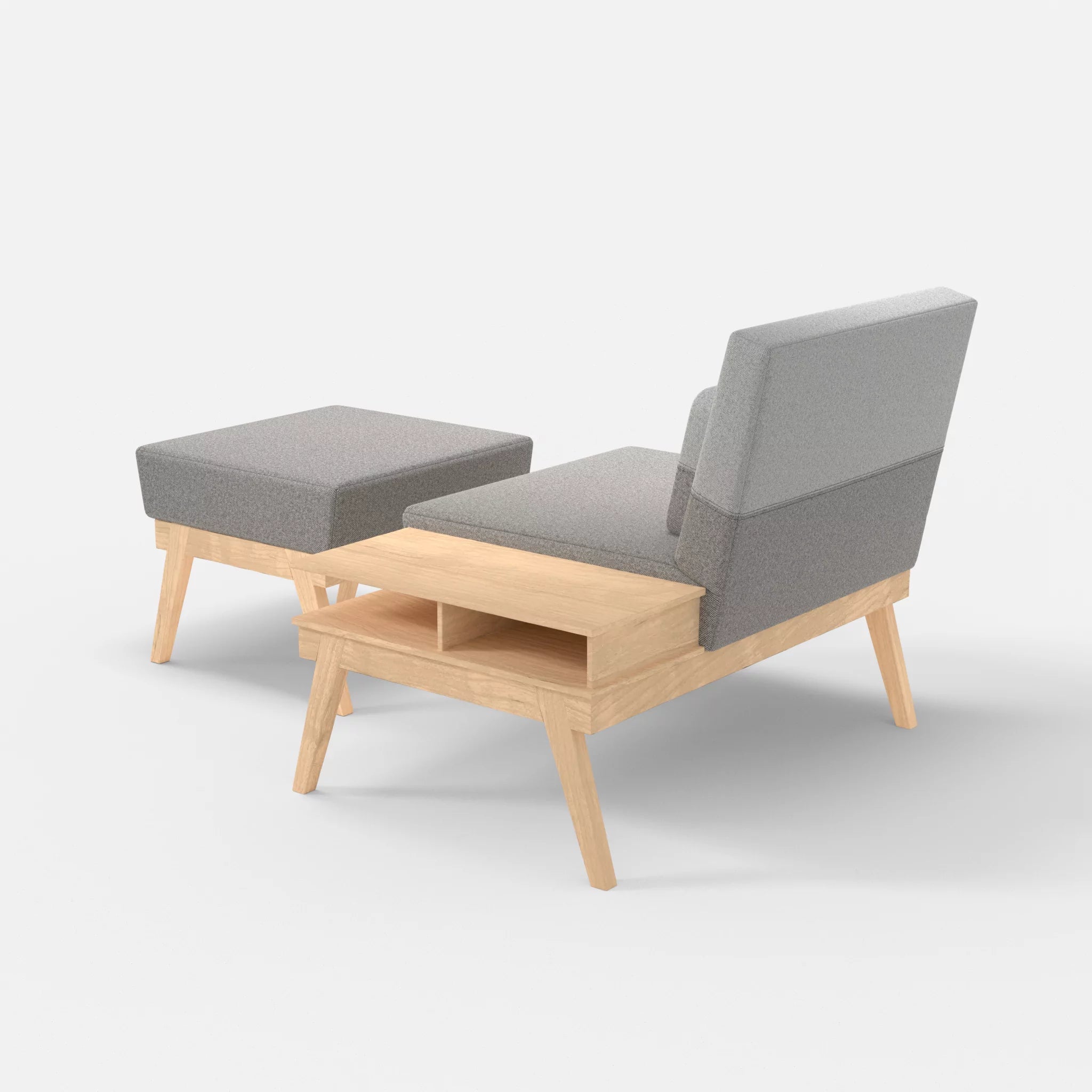 1er Sitzsofa Bauz mit Ablage rechts und Pouf celia0208-celia0204 in Mittelgrau und Hellgrau von hinten