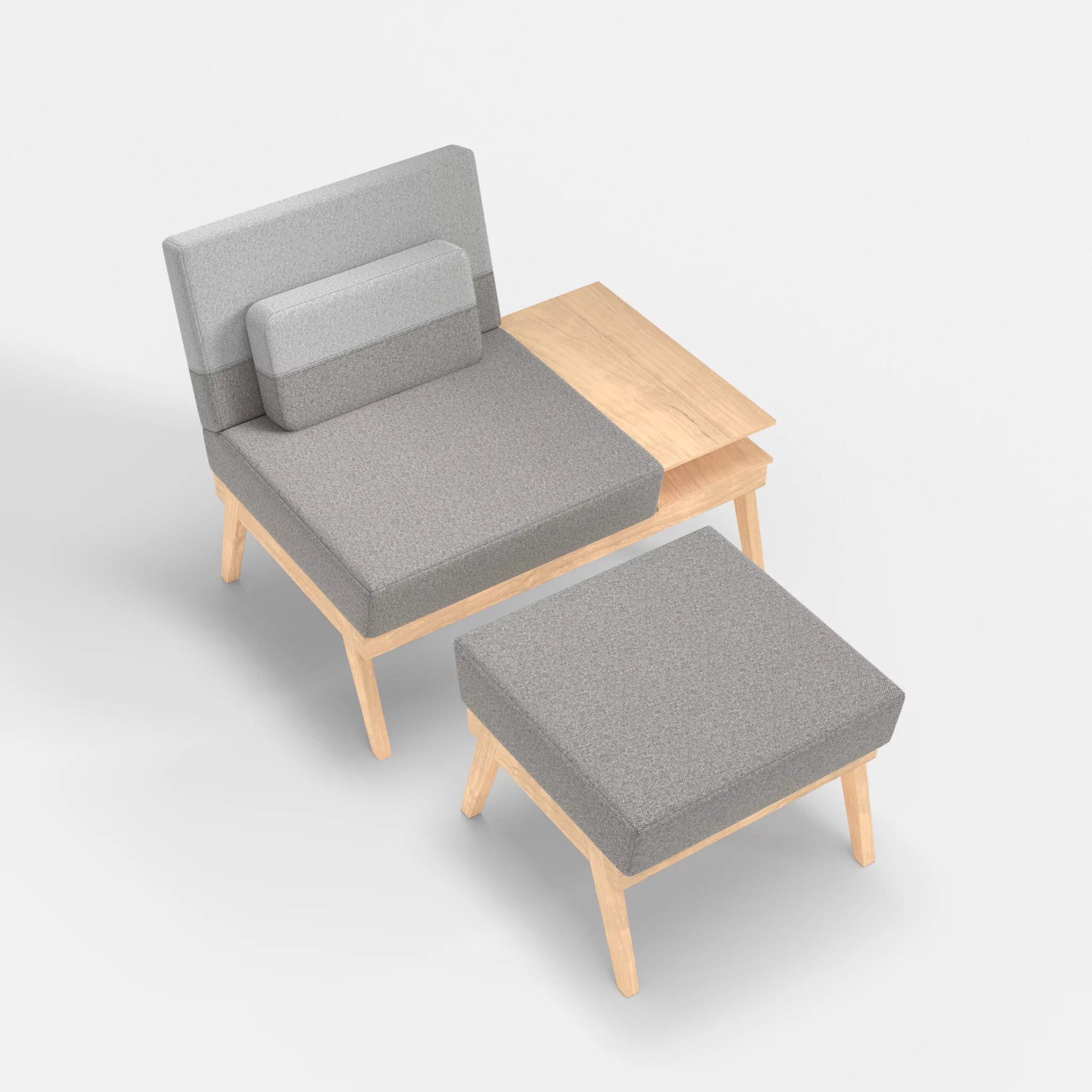 1er Sitzsofa Bauz mit Ablage rechts und Pouf celia0208-celia0204 in Mittelgrau und Hellgrau von oben