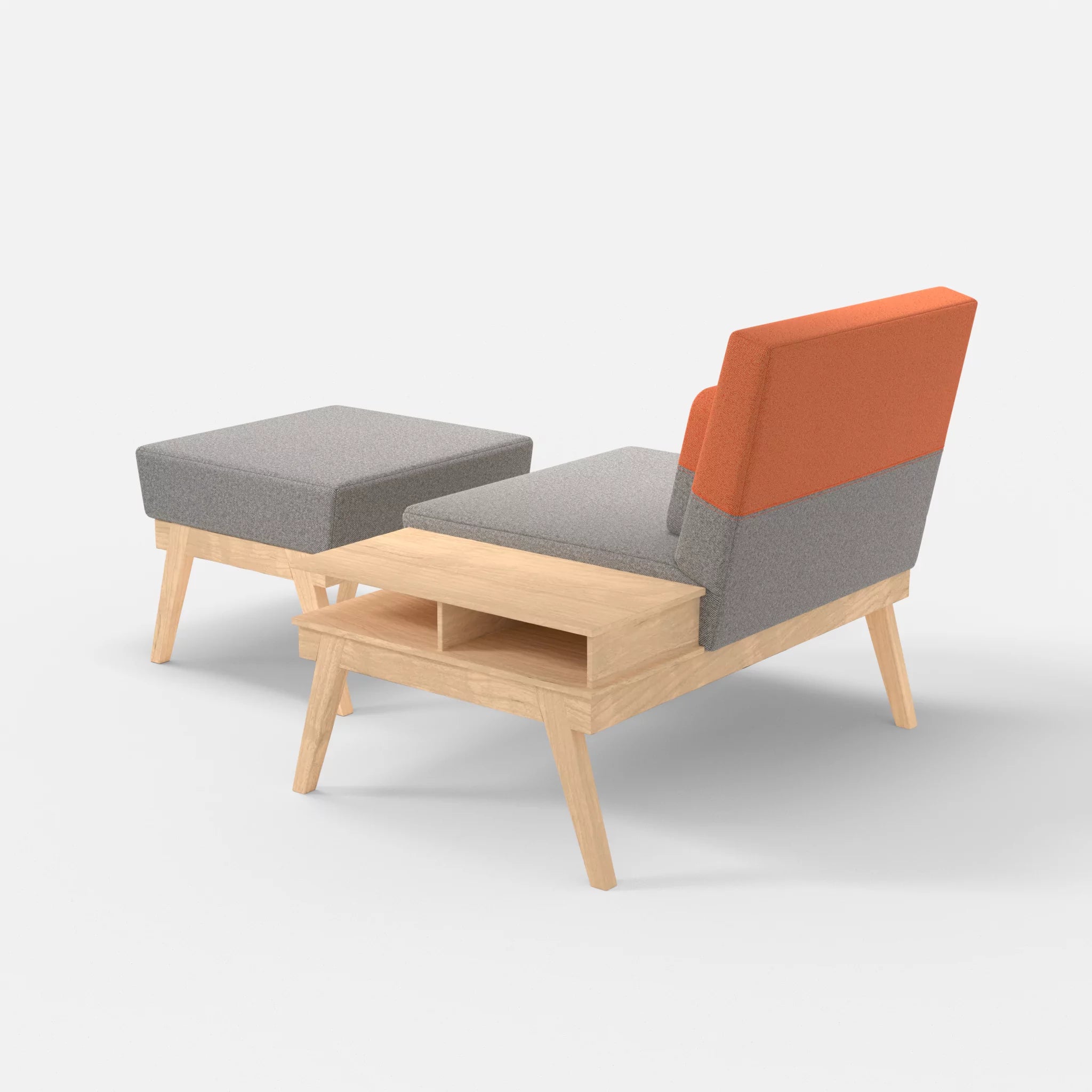 1er Sitzsofa Bauz mit Ablage rechts und Pouf celia0208-celia0215 in Mittelgrau und Orange von hinten