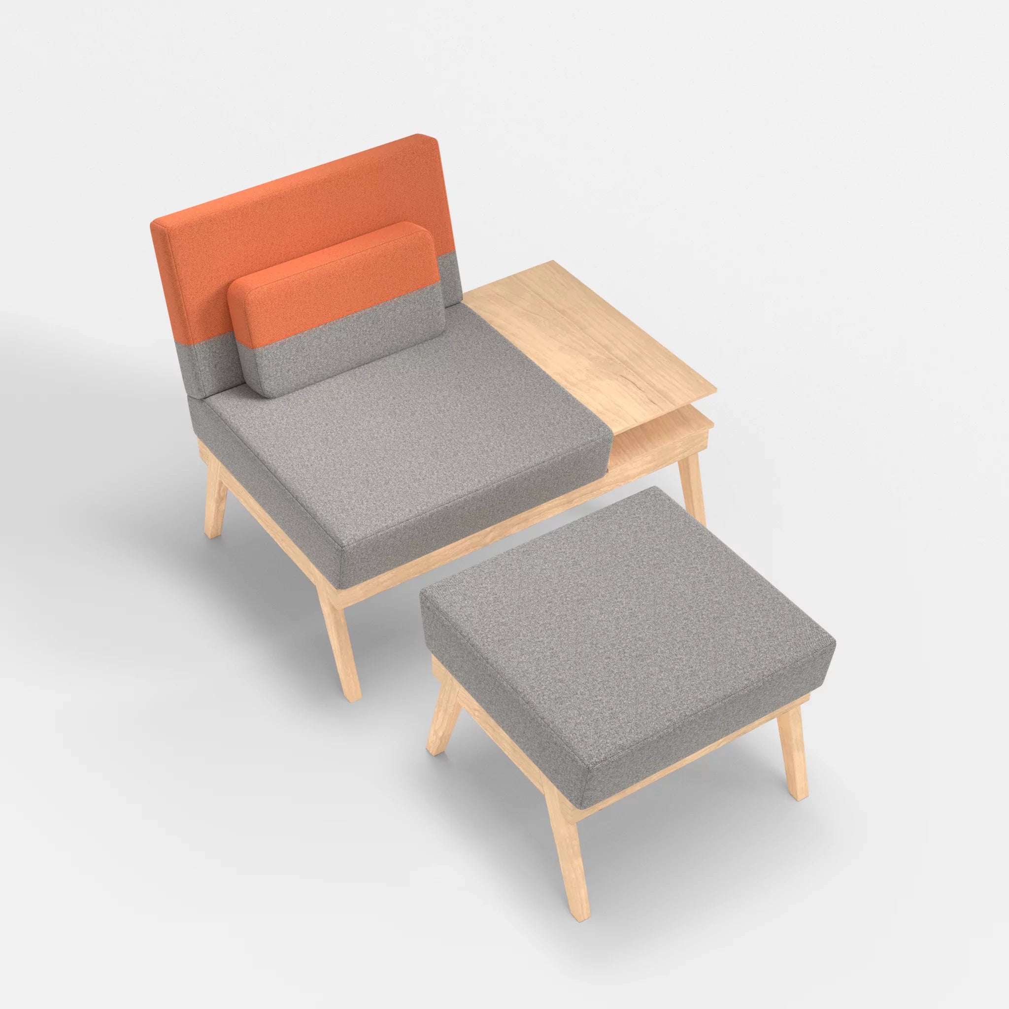 1er Sitzsofa Bauz mit Ablage rechts und Pouf celia0208-celia0215 in Mittelgrau und Orange von oben