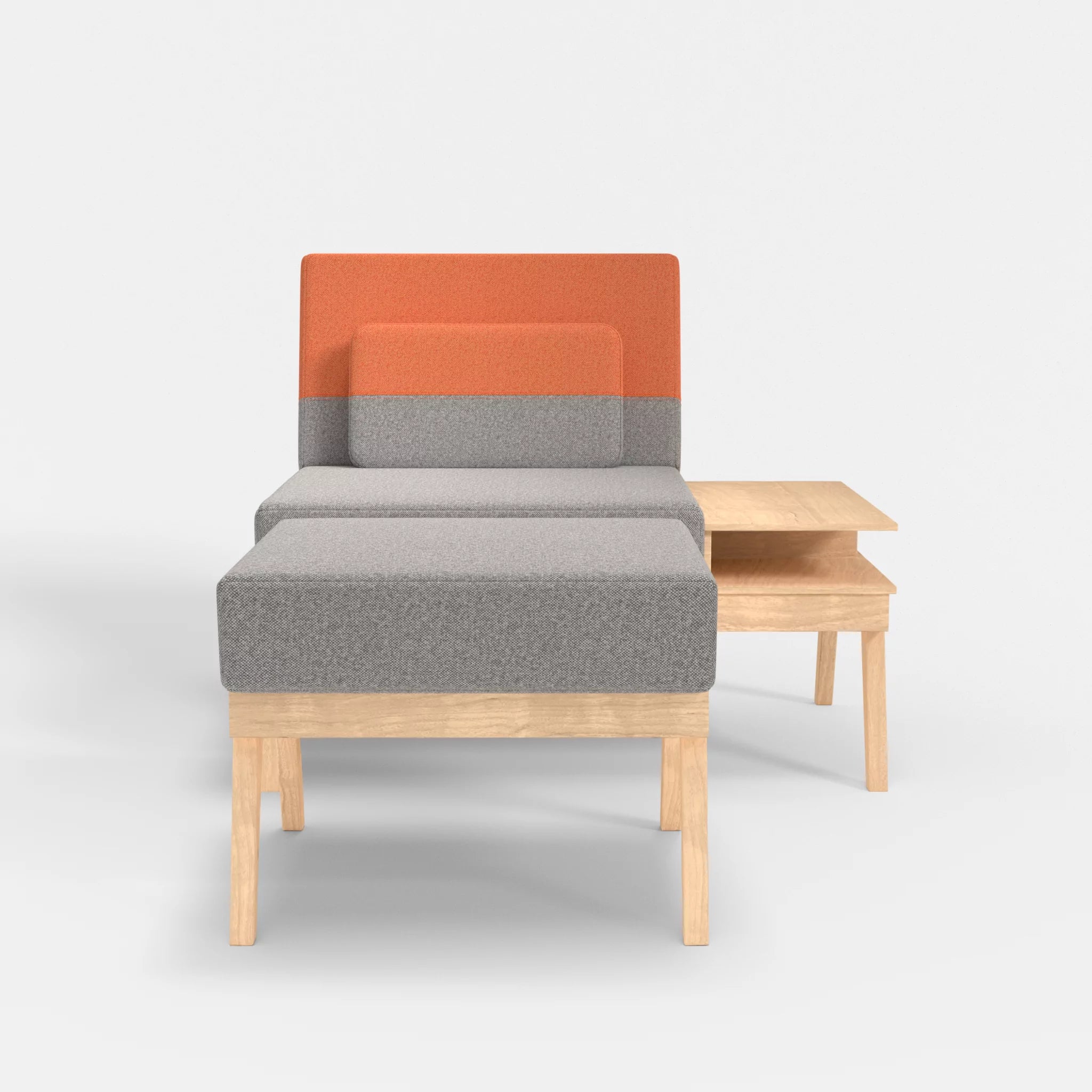 1er Sitzsofa Bauz mit Ablage rechts und Pouf celia0208-celia0215 in Mittelgrau und Orange von vorne
