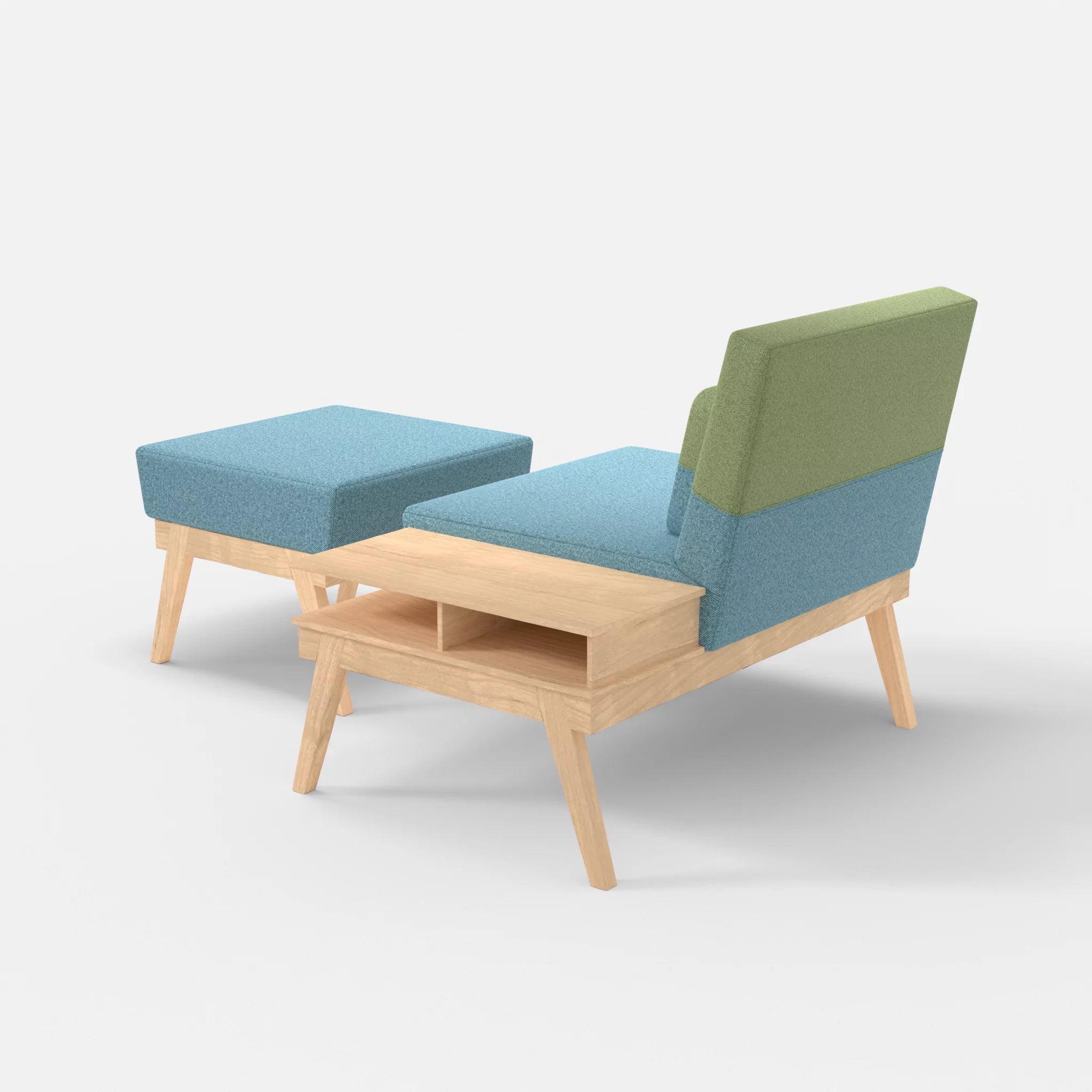 1er Sitzsofa Bauz mit Ablage rechts und Pouf celia0209-celia0213 in Türkis und Hellgrün von hinten