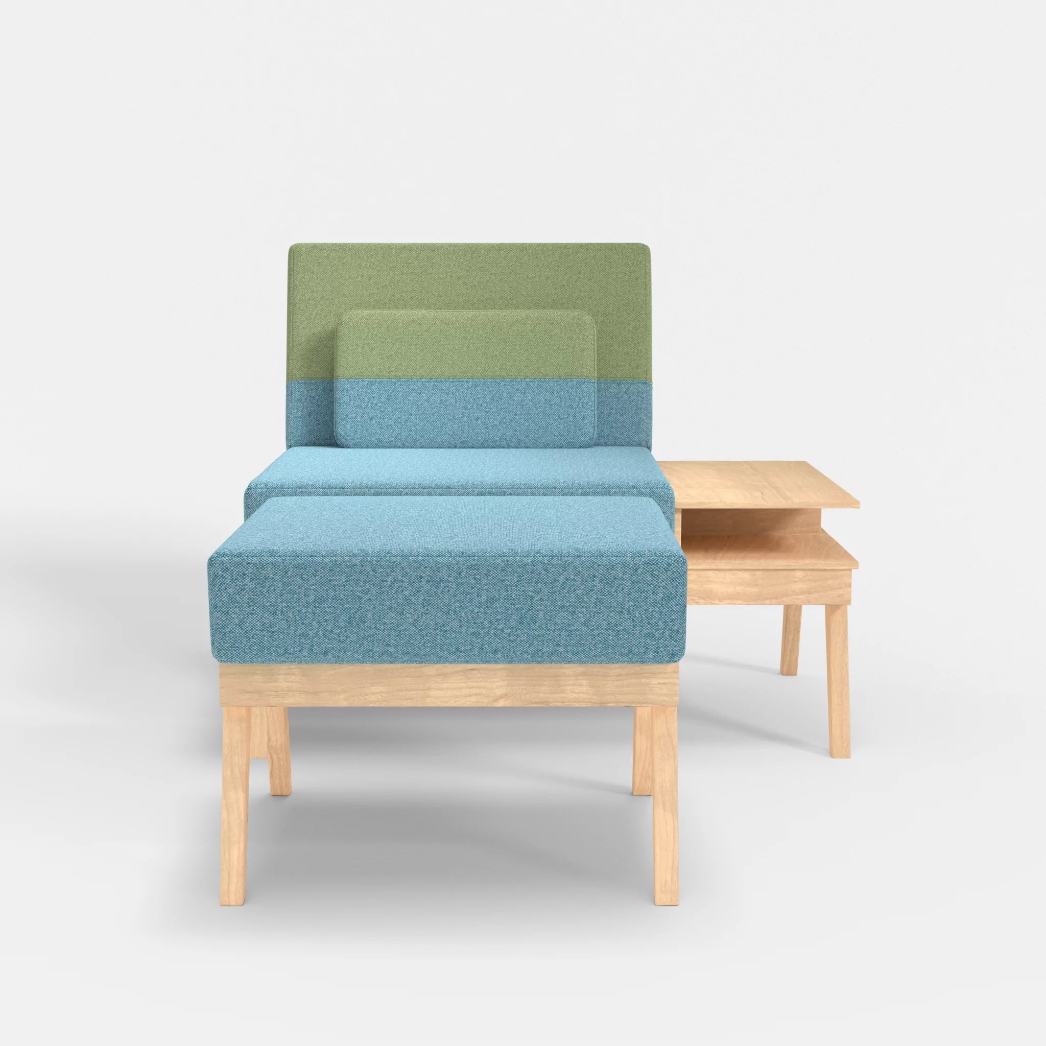 1er Sitzsofa Bauz mit Ablage rechts und Pouf celia0209-celia0213 in Türkis und Hellgrün von vorne