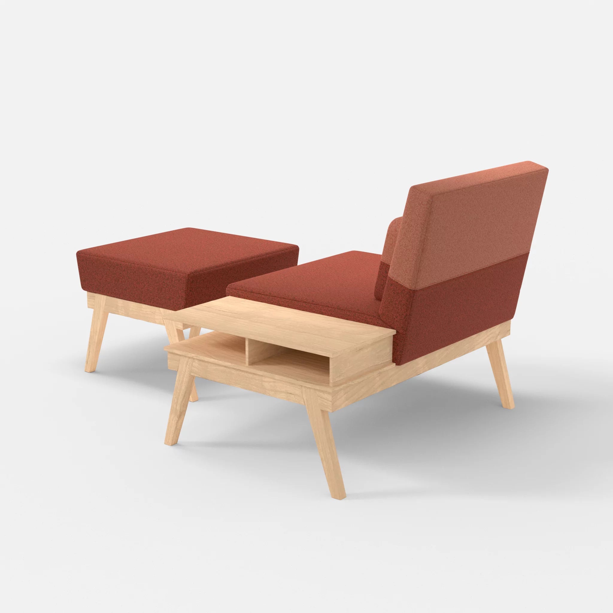 1er Sitzsofa Bauz mit Ablage rechts und Pouf celia0214-celia0217 in Terracotta und Orange von hinten