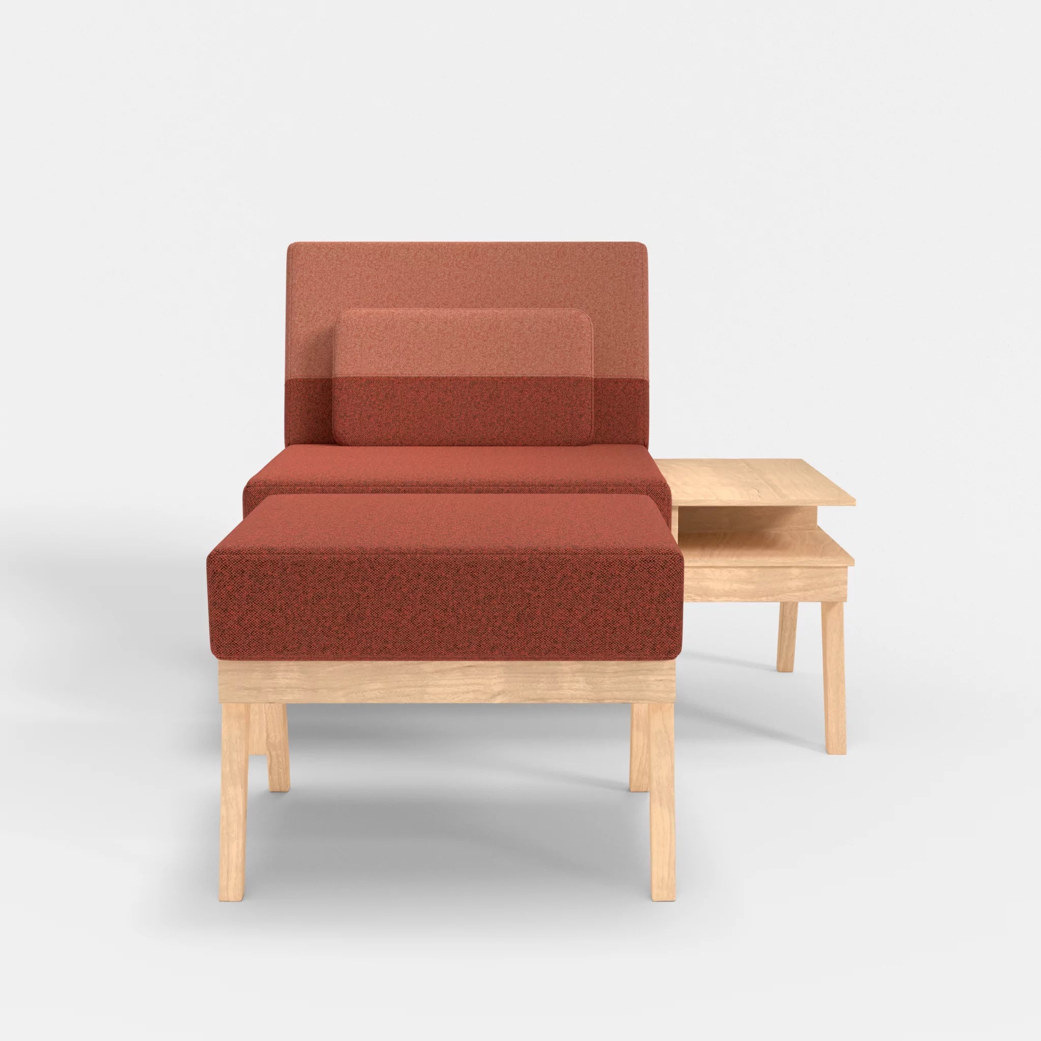 1er Sitzsofa Bauz mit Ablage rechts und Pouf celia0214-celia0217 in Terracotta und Orange von vorne
