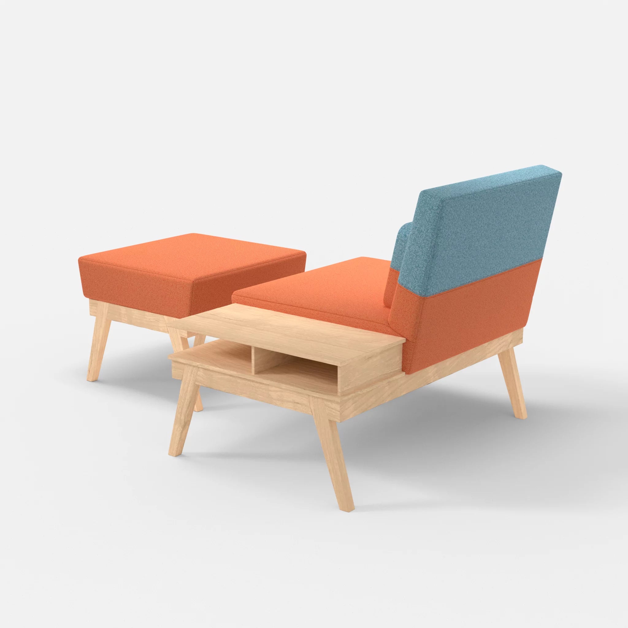 1er Sitzsofa Bauz mit Ablage rechts und Pouf celia0215-celia0209 in Orange und Türkis von hinten