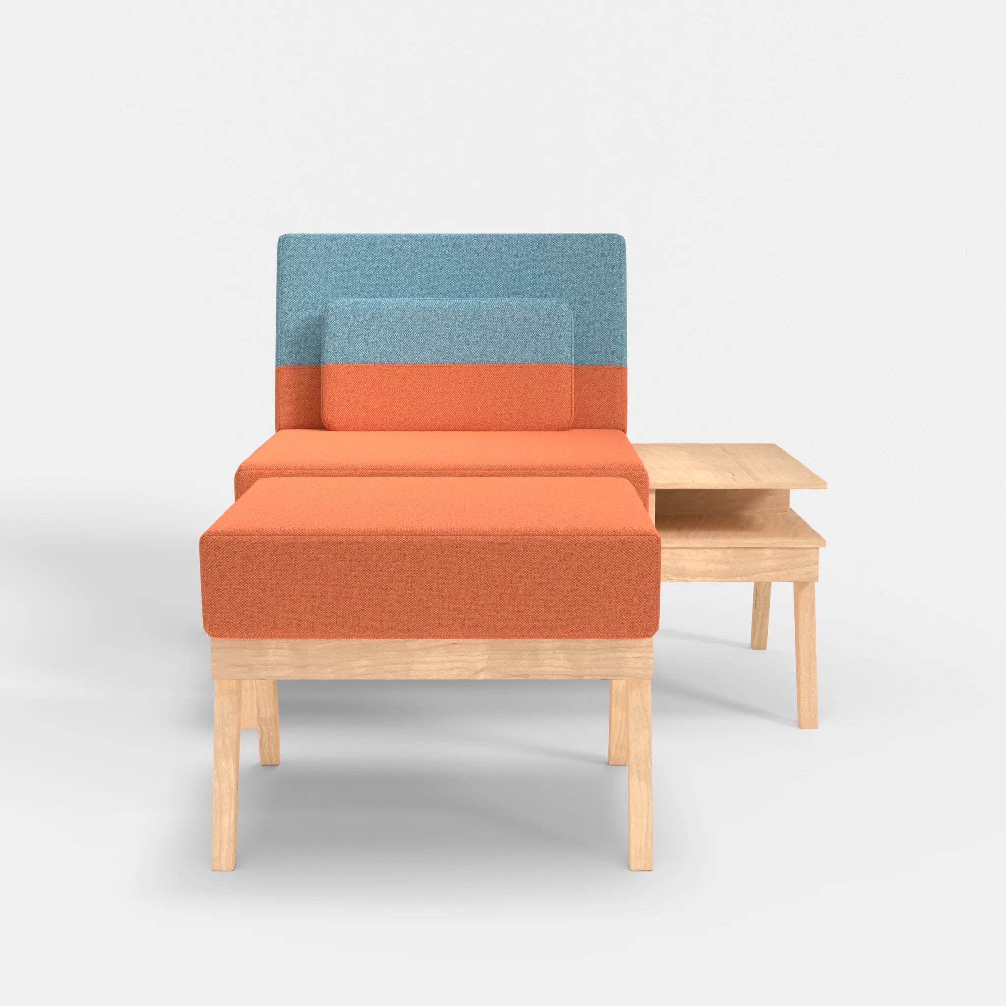 1er Sitzsofa Bauz mit Ablage rechts und Pouf celia0215-celia0209 in Orange und Türkis von vorne