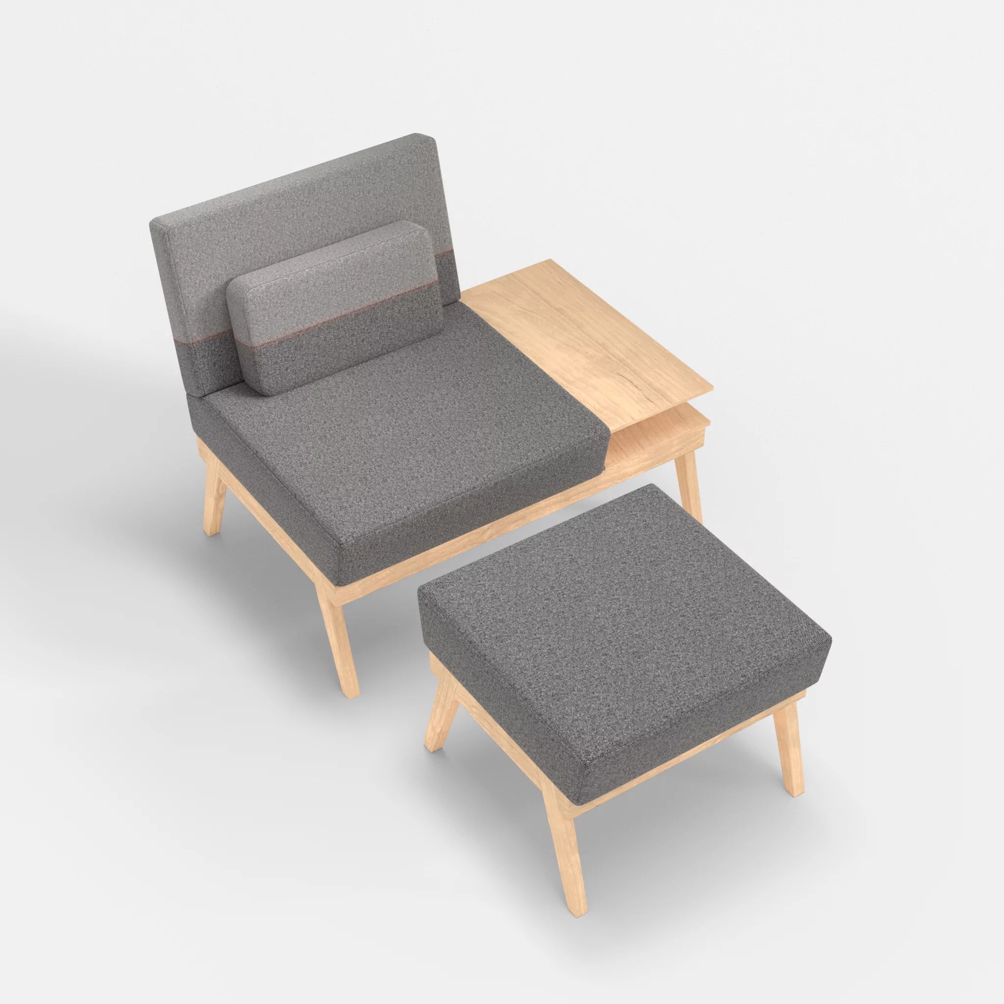 1er Sitzsofa Bauz mit Ablage rechts und Pouf celia0218-celia0208 in Dunkelgrau und Mittelgrau von oben