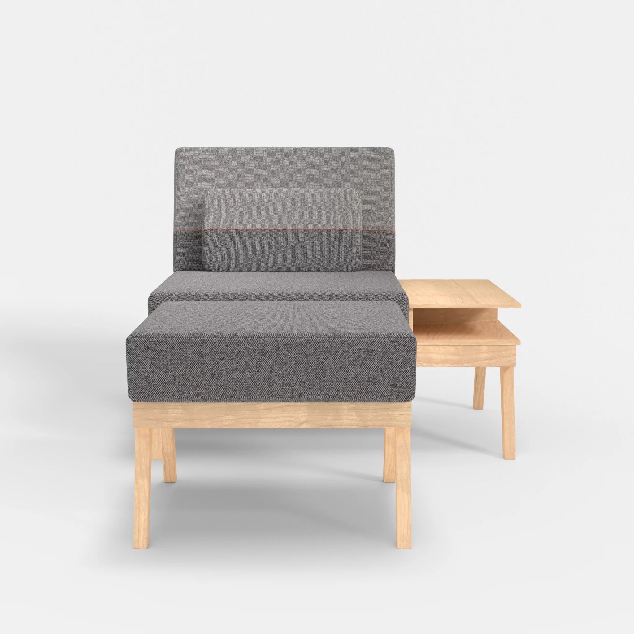 1er Sitzsofa Bauz mit Ablage rechts und Pouf celia0218-celia0208 in Dunkelgrau und Mittelgrau von vorne