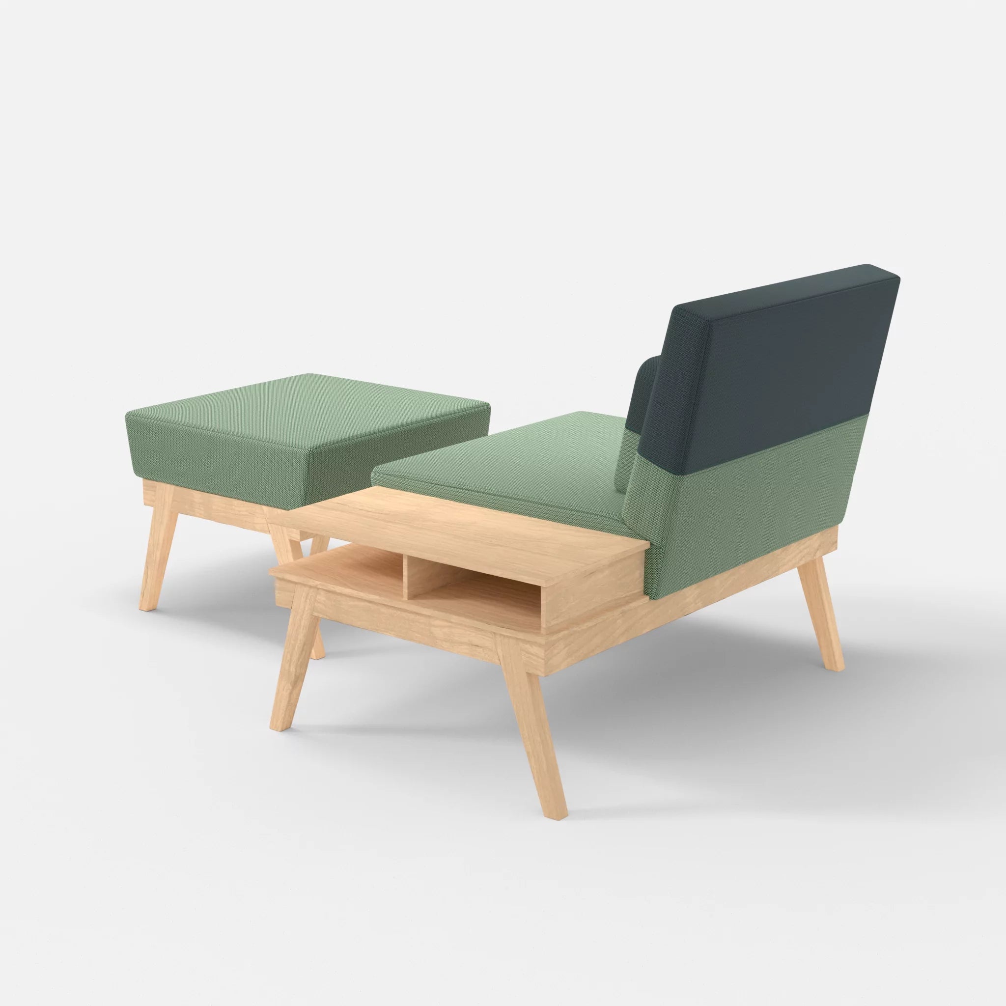 1er Sitzsofa Bauz mit Ablage rechts und Pouf credoaloe-credojaspis in Hellgrün und Türkis von hinten