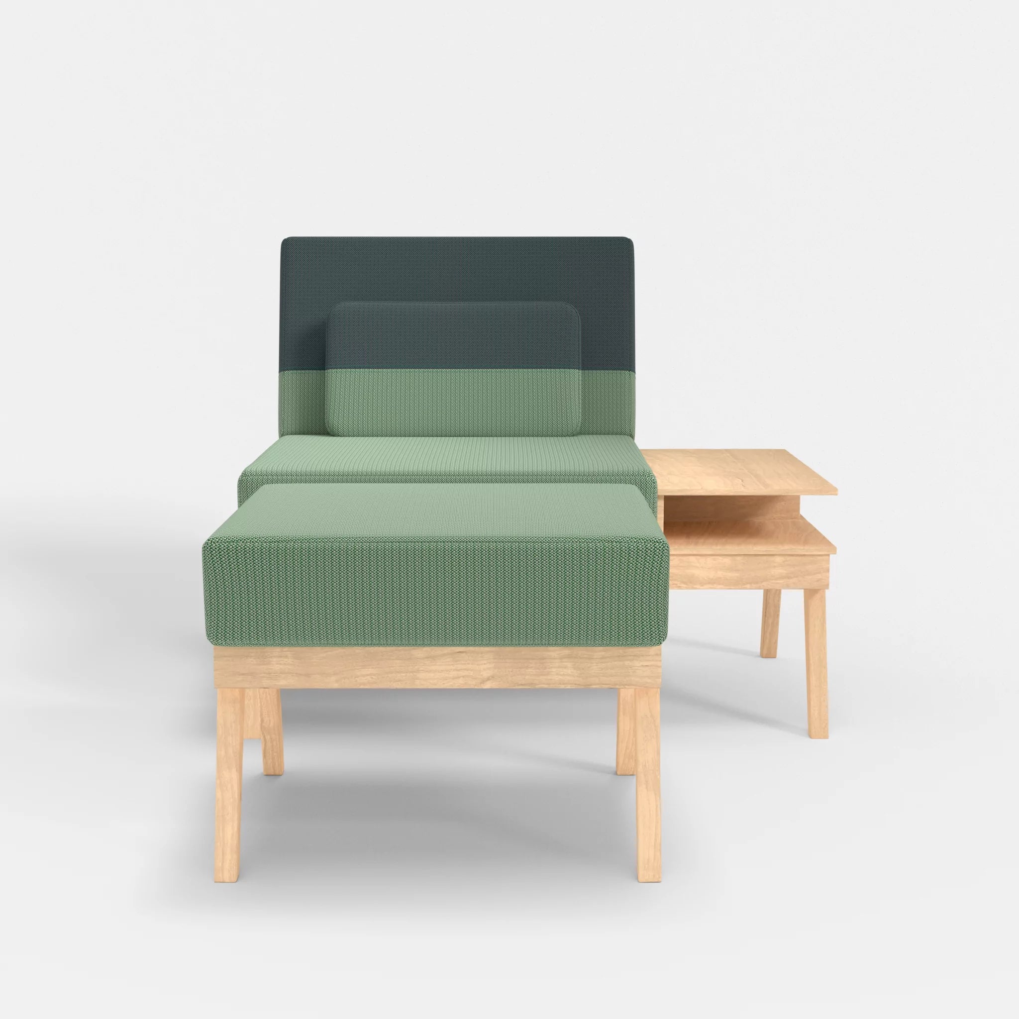 1er Sitzsofa Bauz mit Ablage rechts und Pouf credoaloe-credojaspis in Hellgrün und Türkis von vorne