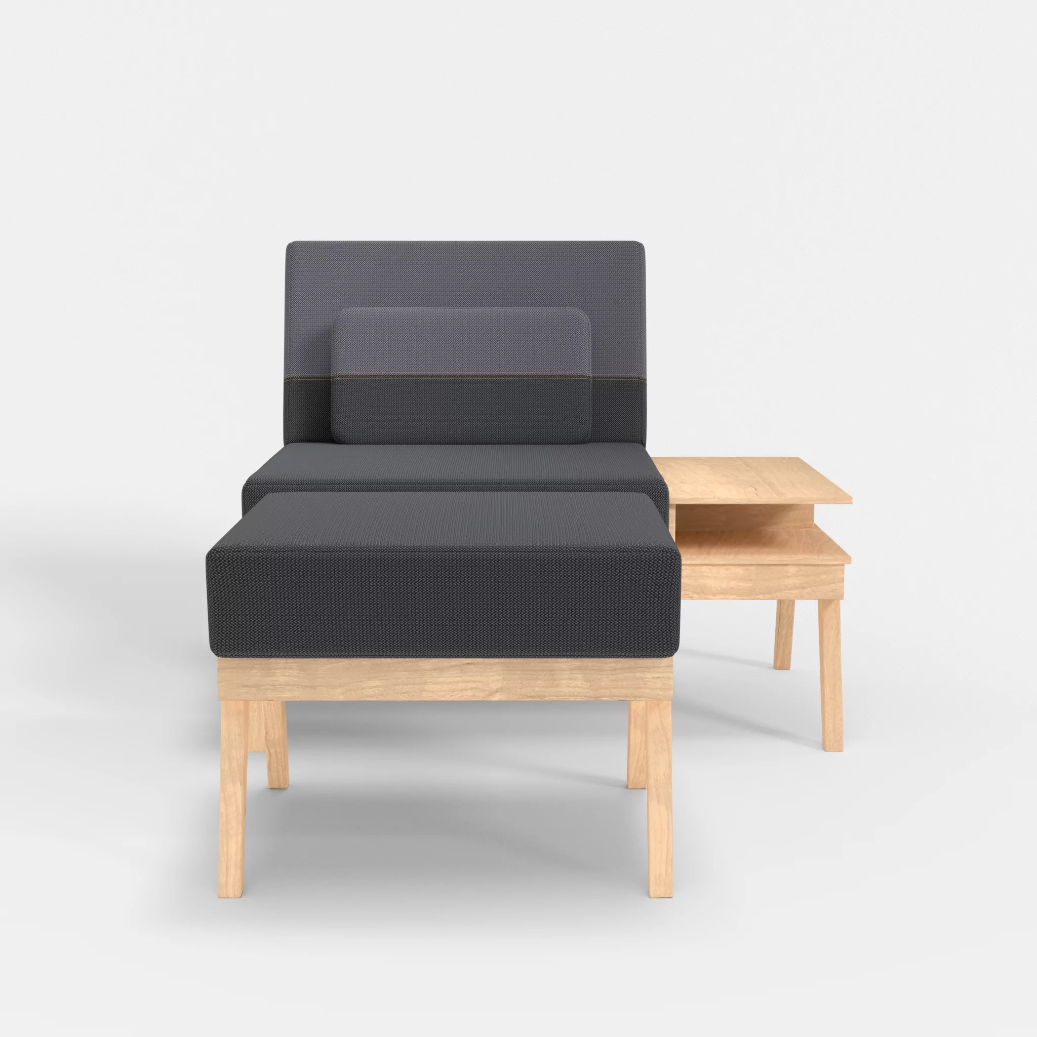 1er Sitzsofa Bauz mit Ablage rechts und Pouf credoasphalt-credocarbon in Anthrazit und Dunkelgrau von vorne