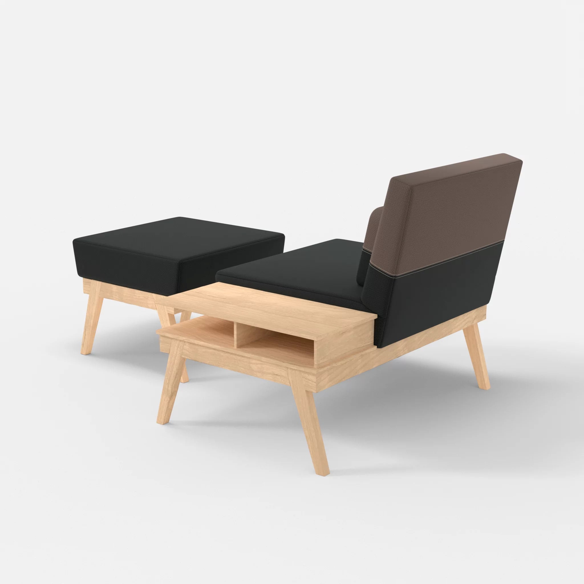 1er Sitzsofa Bauz mit Ablage rechts und Pouf credoblack-credowalnut in Schwarz und Dunkelgrau von hinten