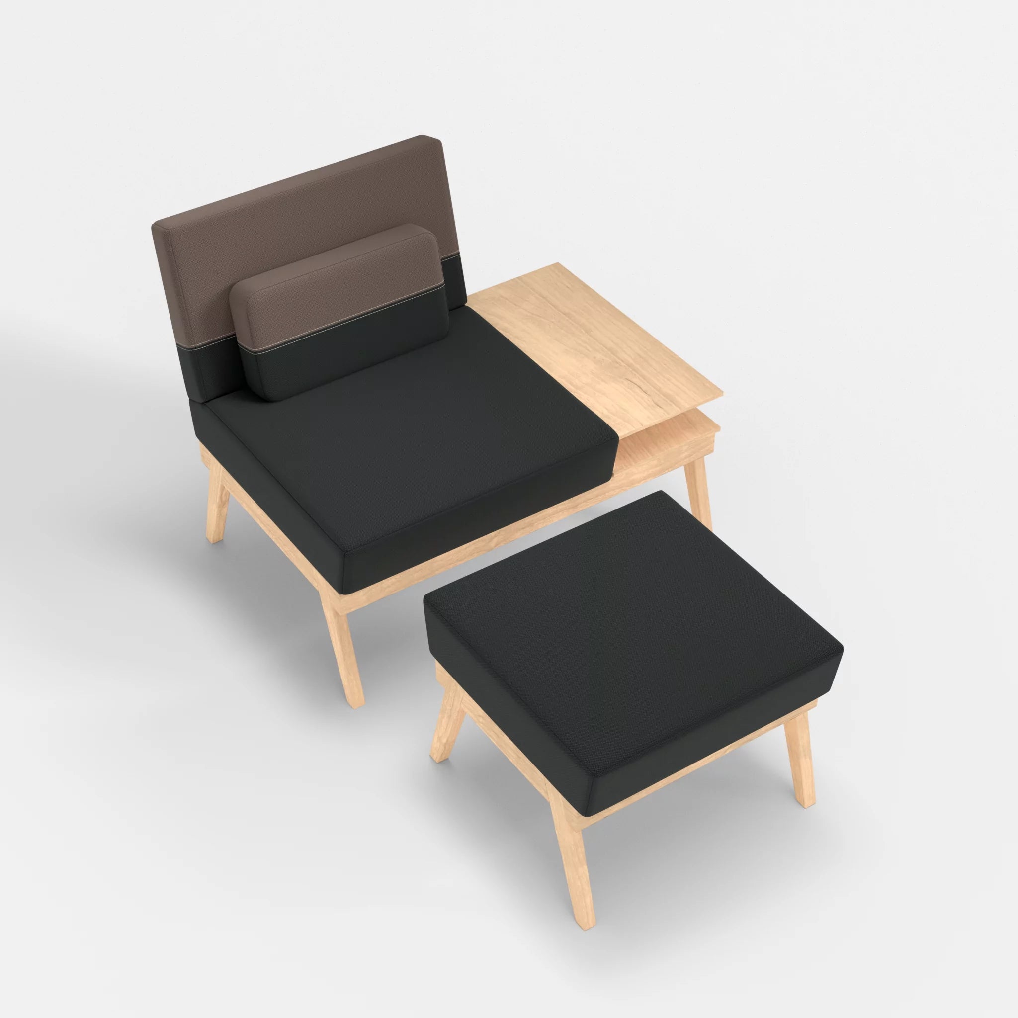 1er Sitzsofa Bauz mit Ablage rechts und Pouf credoblack-credowalnut in Schwarz und Dunkelgrau von oben