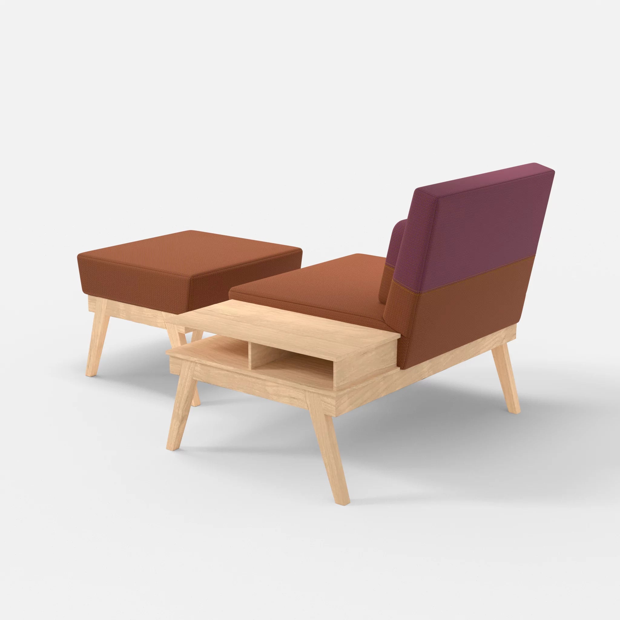1er Sitzsofa Bauz mit Ablage rechts und Pouf credokupfer-credobreva in Braun und Violett von hinten