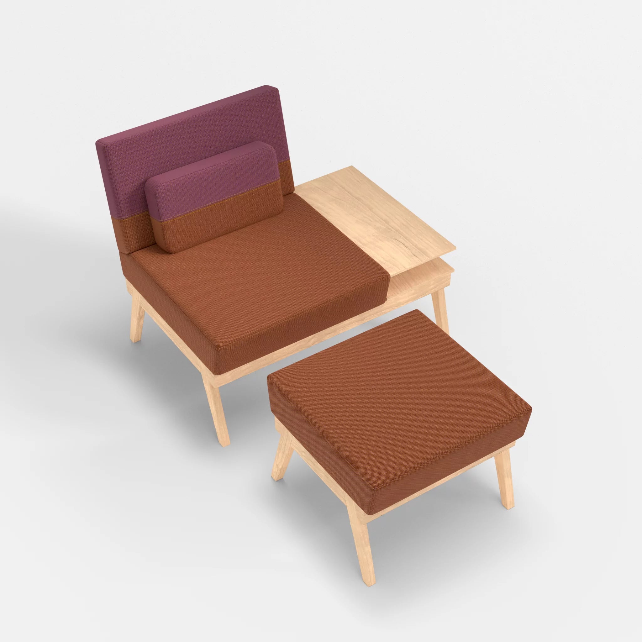 1er Sitzsofa Bauz mit Ablage rechts und Pouf credokupfer-credobreva in Braun und Violett von oben