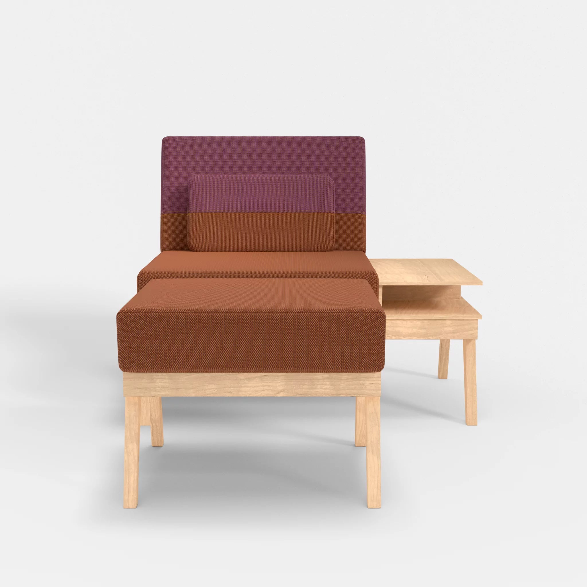 1er Sitzsofa Bauz mit Ablage rechts und Pouf credokupfer-credobreva in Braun und Violett von vorne
