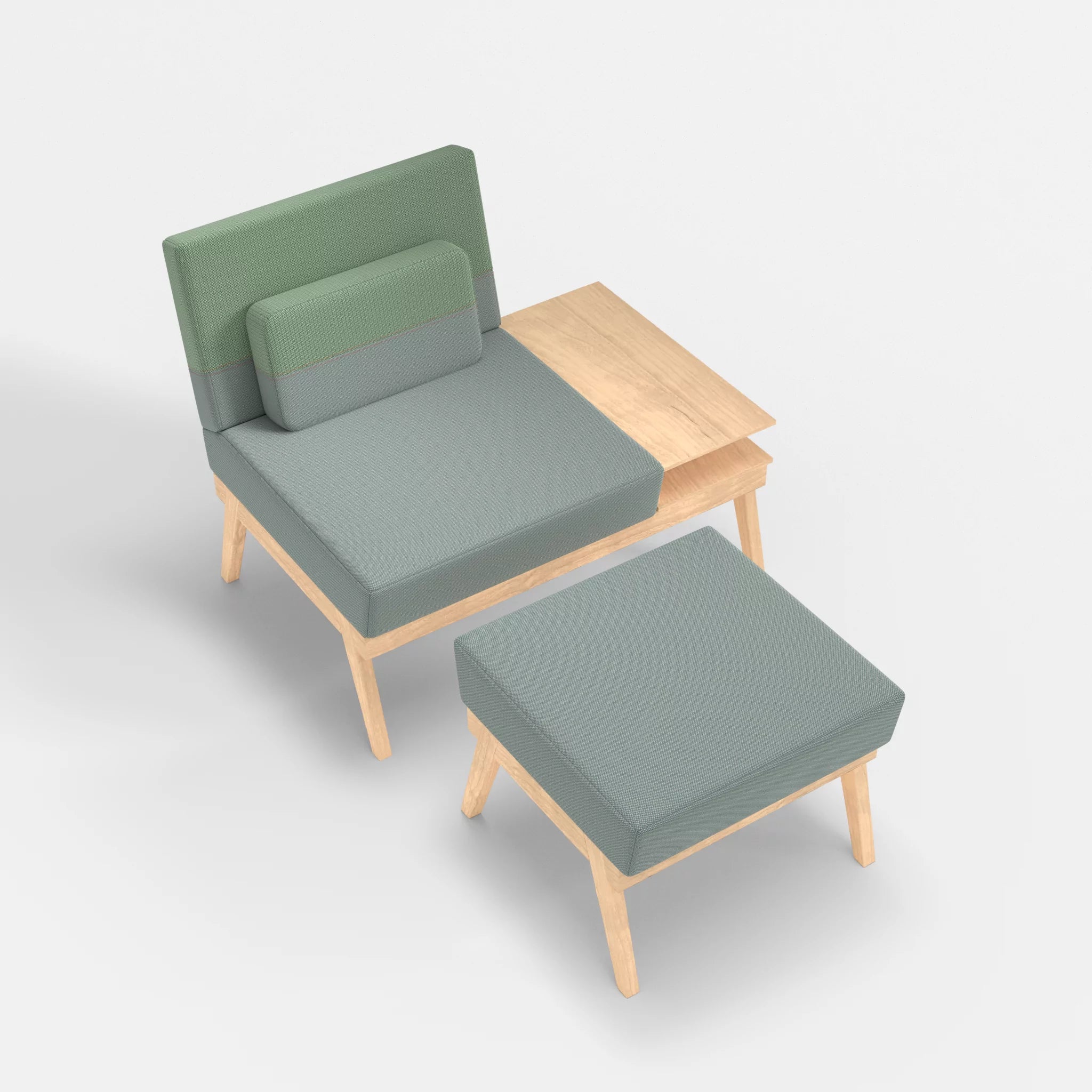 1er Sitzsofa Bauz mit Ablage rechts und Pouf credolake-credoaloe in Graublau und Hellgrün von oben