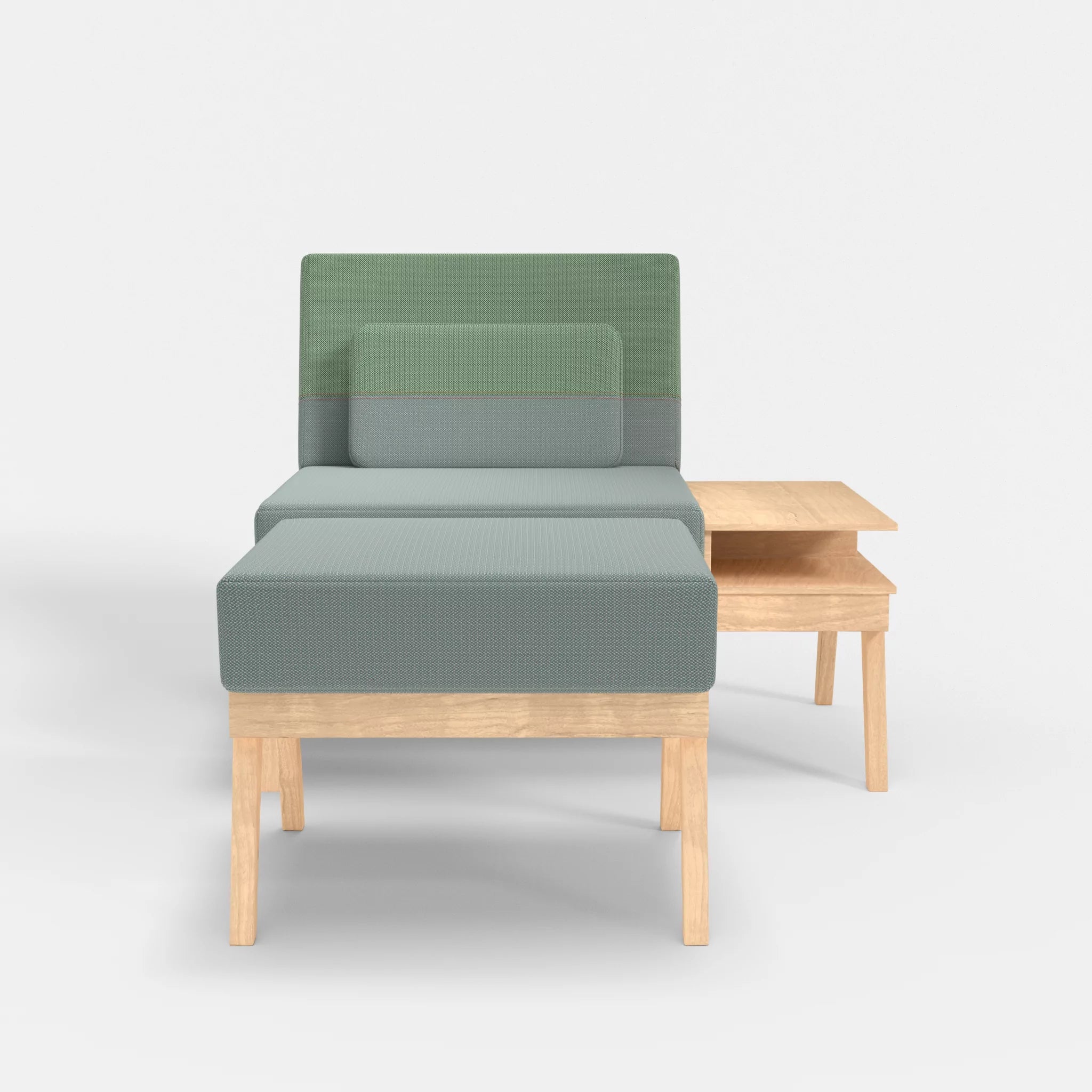 1er Sitzsofa Bauz mit Ablage rechts und Pouf credolake-credoaloe in Graublau und Hellgrün von vorne