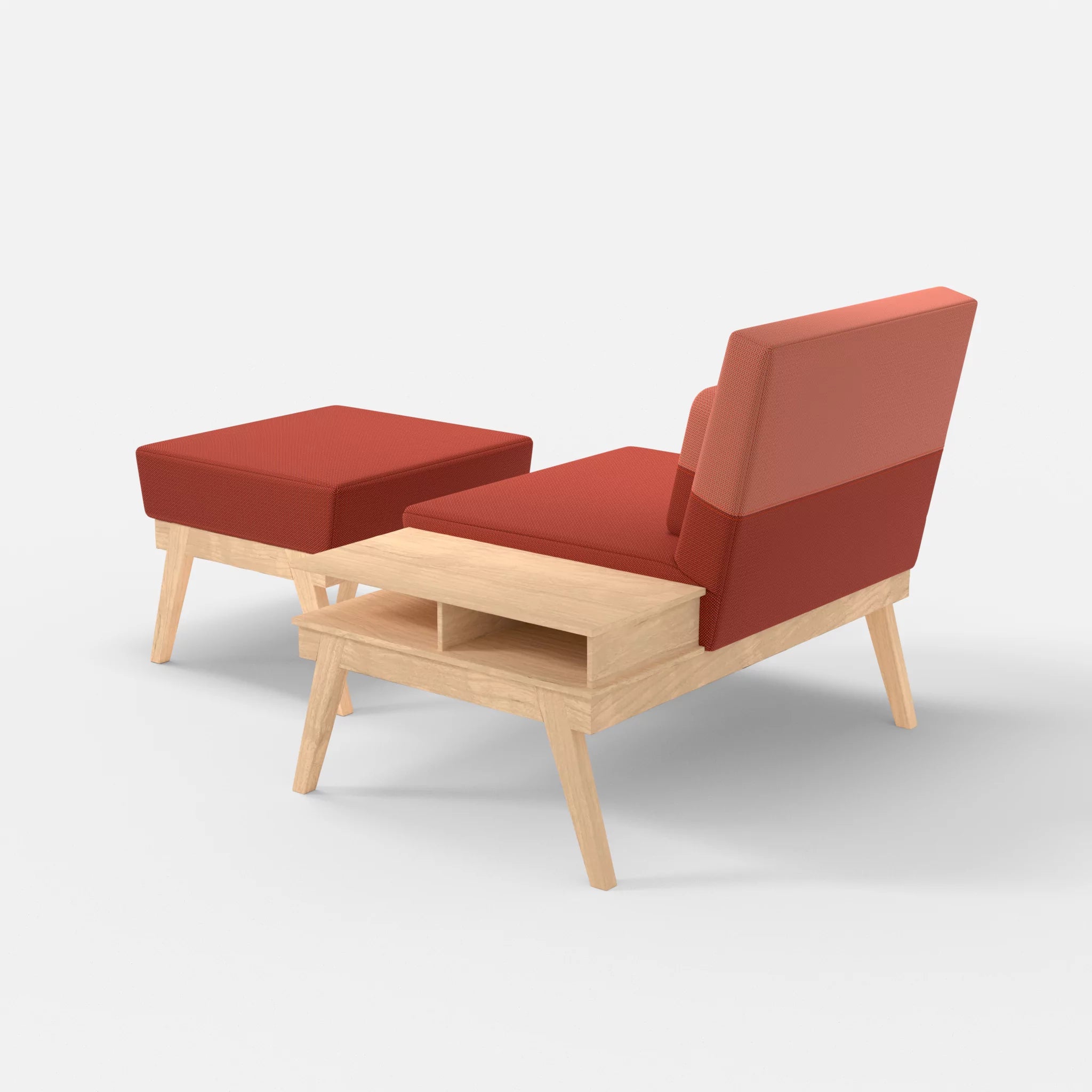 1er Sitzsofa Bauz mit Ablage rechts und Pouf credolampion-credograpefruit in Rot und Coral von hinten