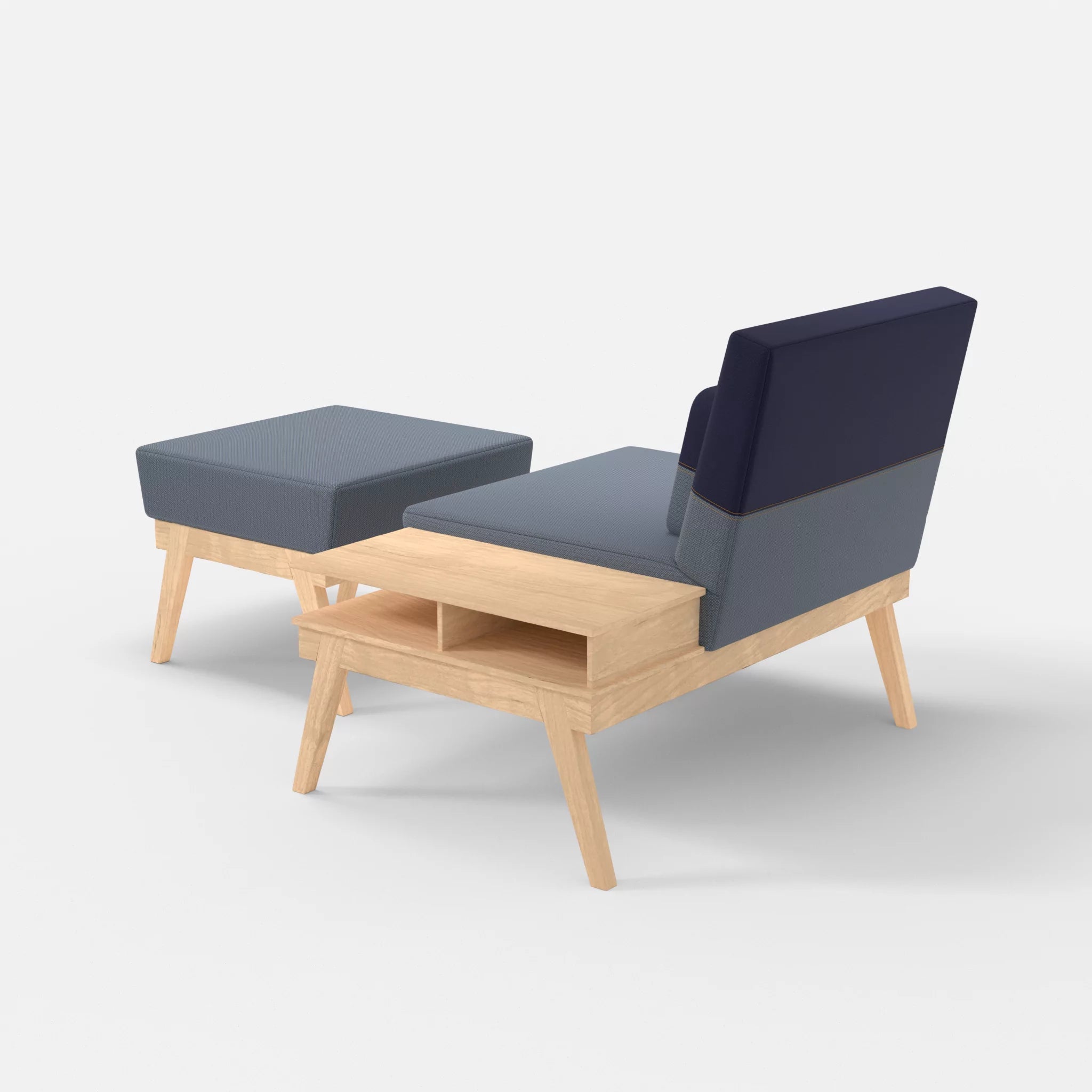 1er Sitzsofa Bauz mit Ablage rechts und Pouf credosea-credonavy in Blau und Navy von hinten