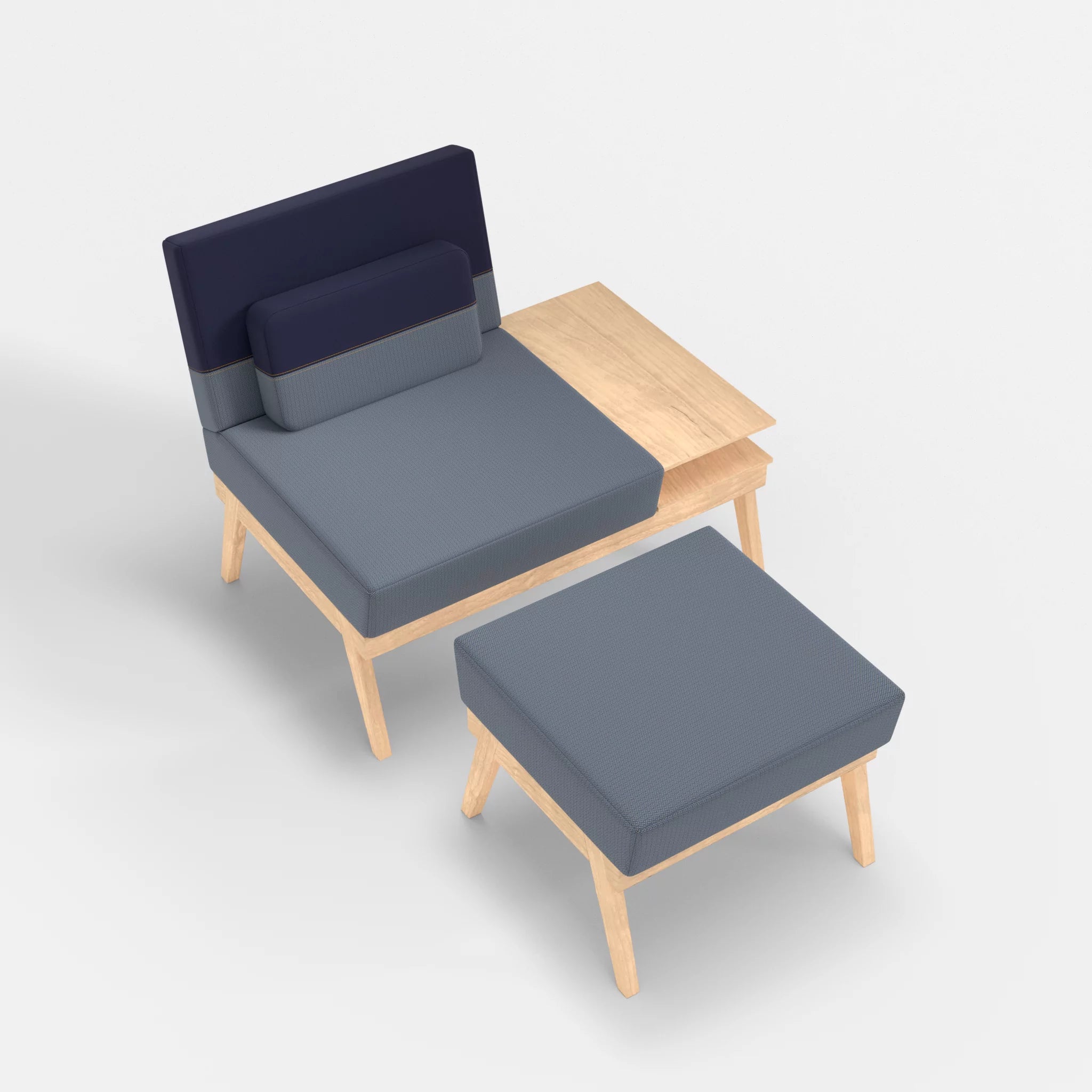 1er Sitzsofa Bauz mit Ablage rechts und Pouf credosea-credonavy in Blau und Navy von oben