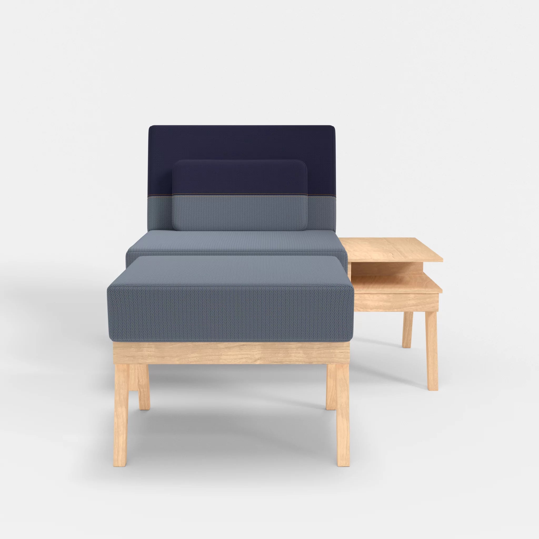 1er Sitzsofa Bauz mit Ablage rechts und Pouf credosea-credonavy in Blau und Navy von vorne
