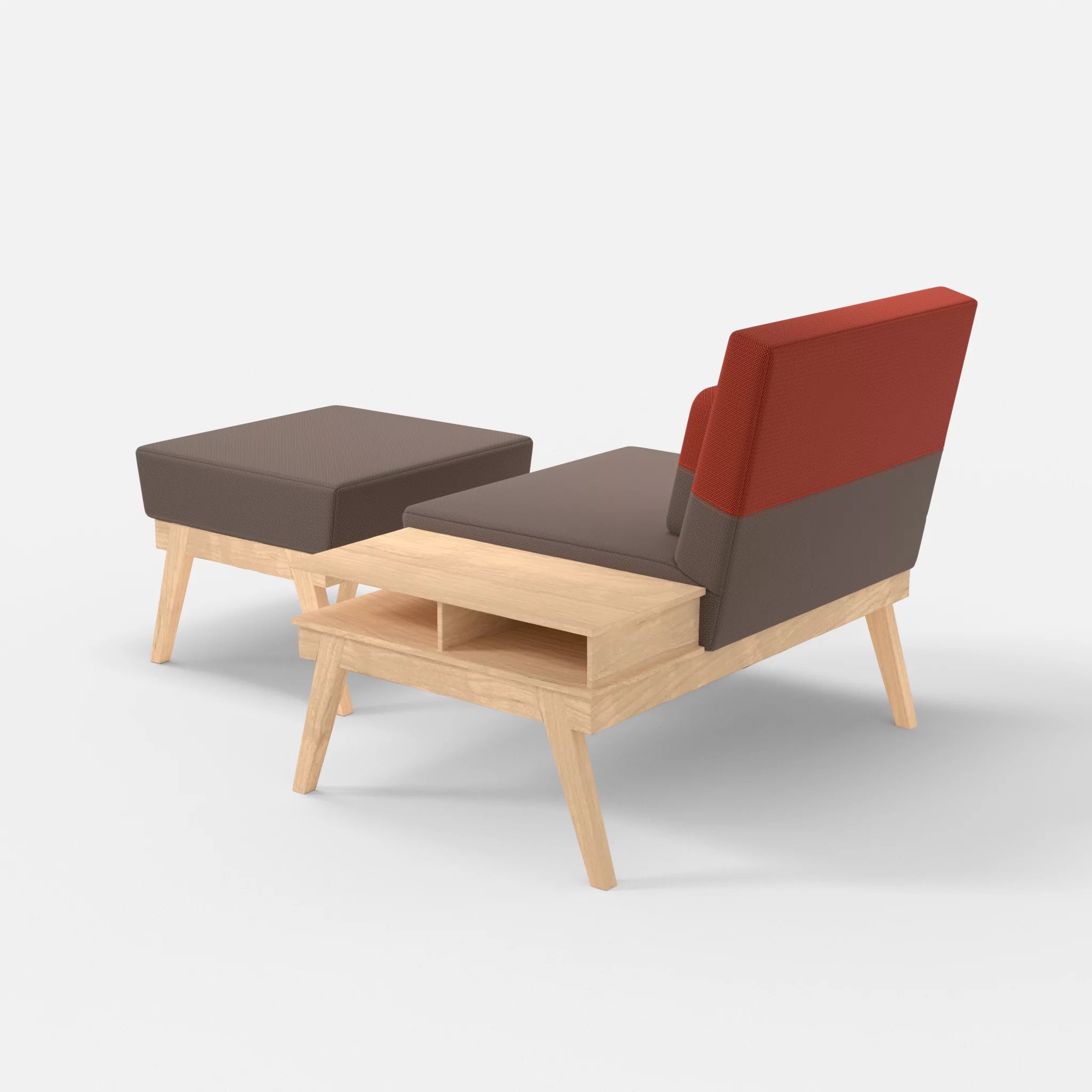 1er Sitzsofa Bauz mit Ablage rechts und Pouf credowalnut-credolampion in Dunkelgrau und Rot von hinten