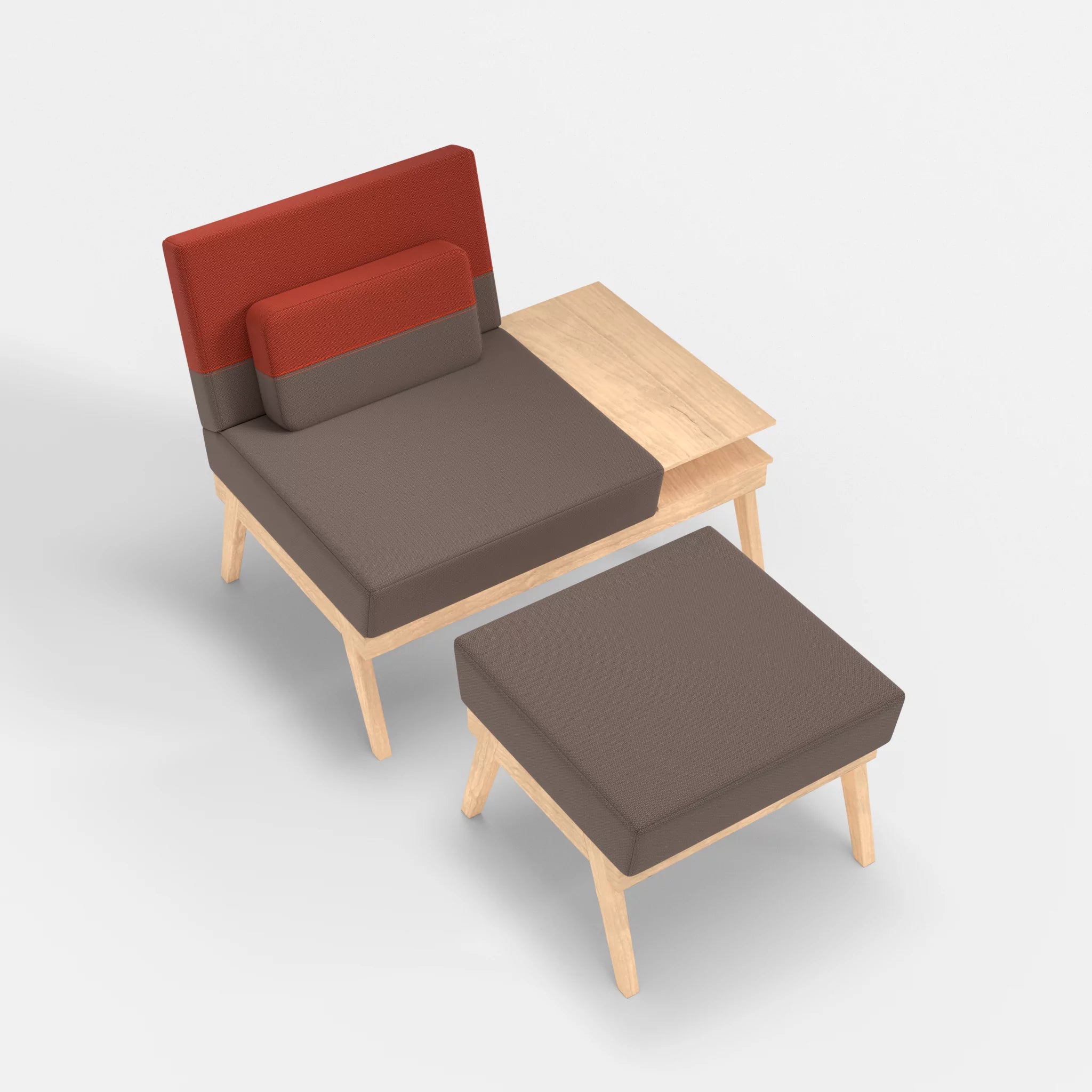 1er Sitzsofa Bauz mit Ablage rechts und Pouf credowalnut-credolampion in Dunkelgrau und Rot von oben