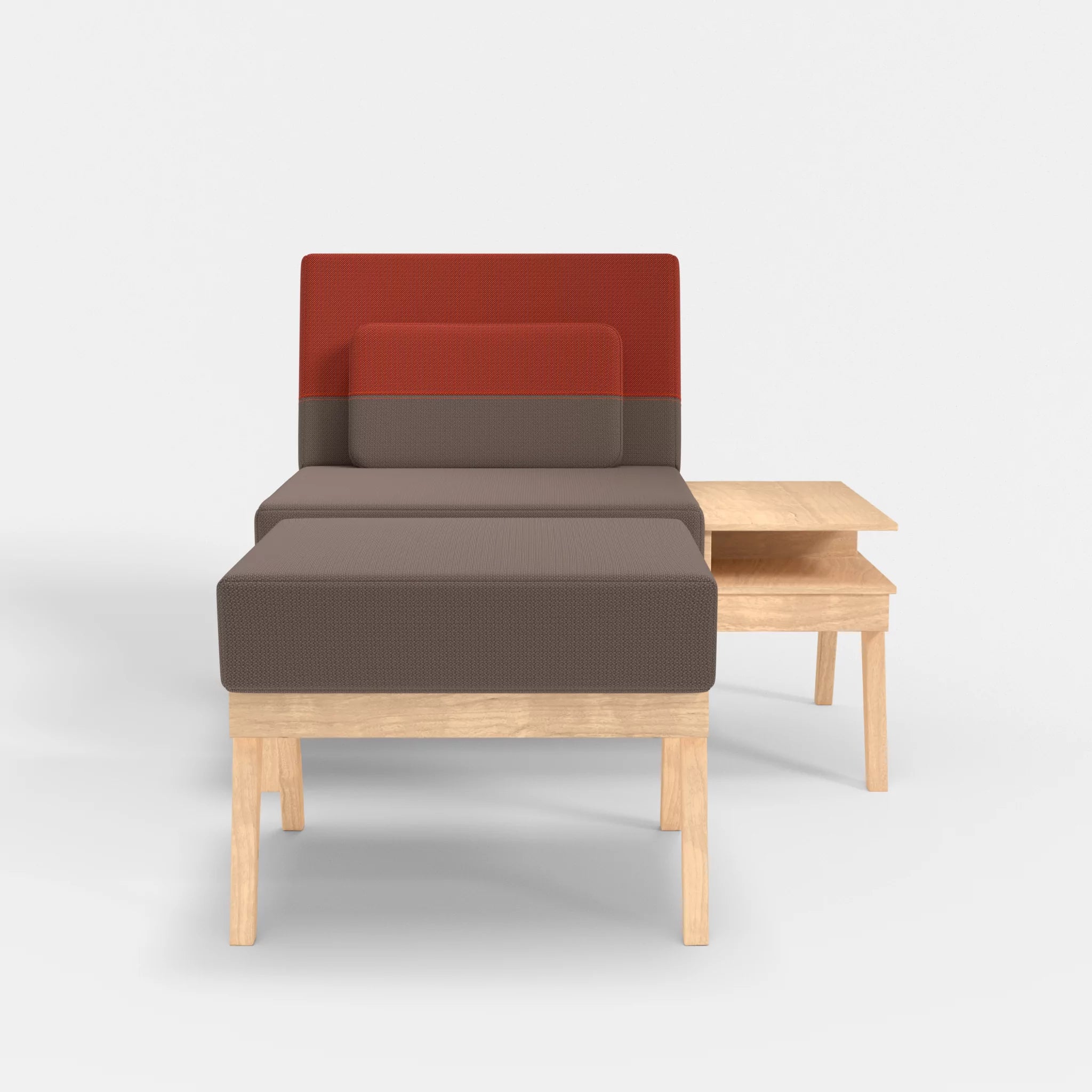 1er Sitzsofa Bauz mit Ablage rechts und Pouf credowalnut-credolampion in Dunkelgrau und Rot von vorne