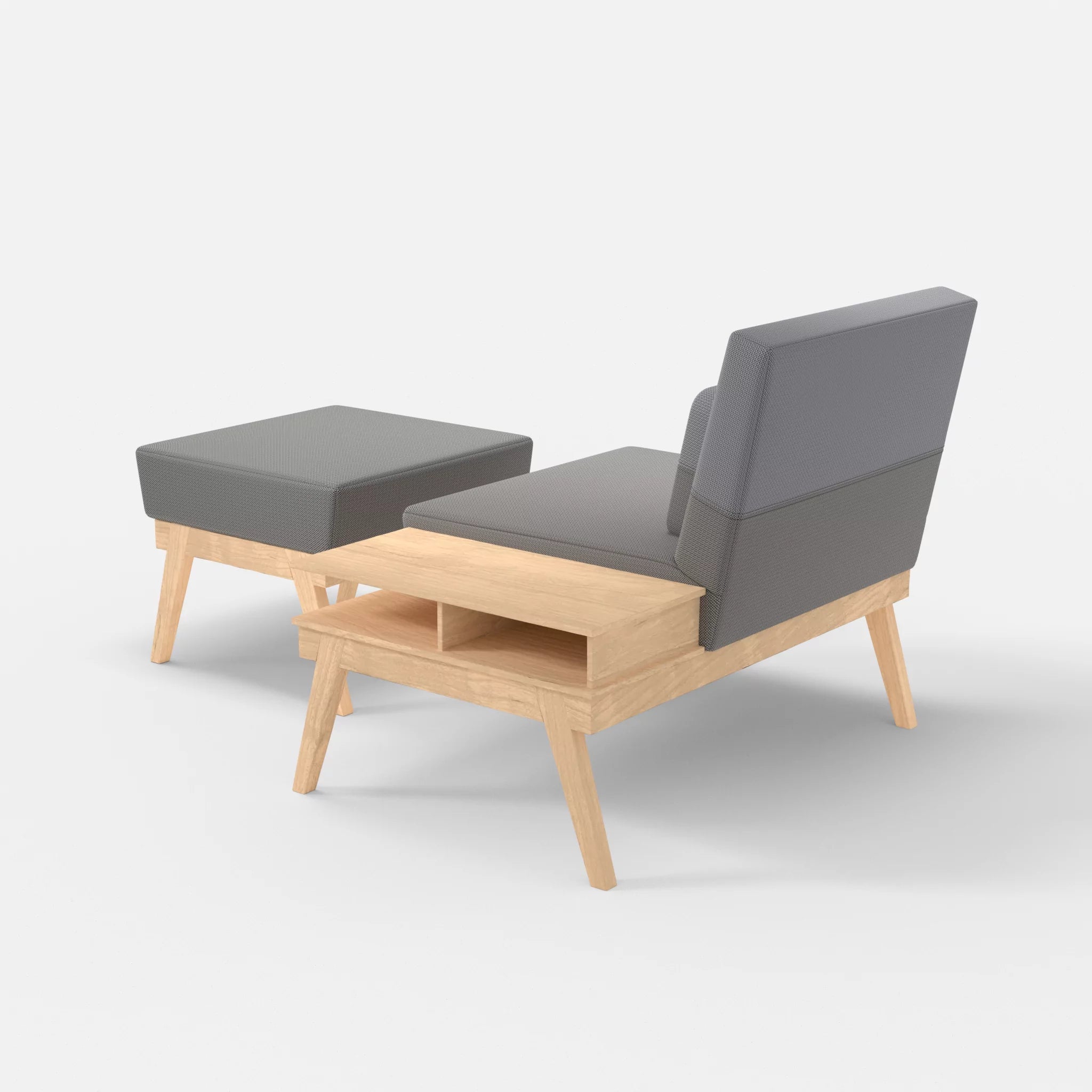 1er Sitzsofa Bauz mit Ablage rechts und Pouf credozinn-credochalk in Mittelgrau und Hellgrau von hinten