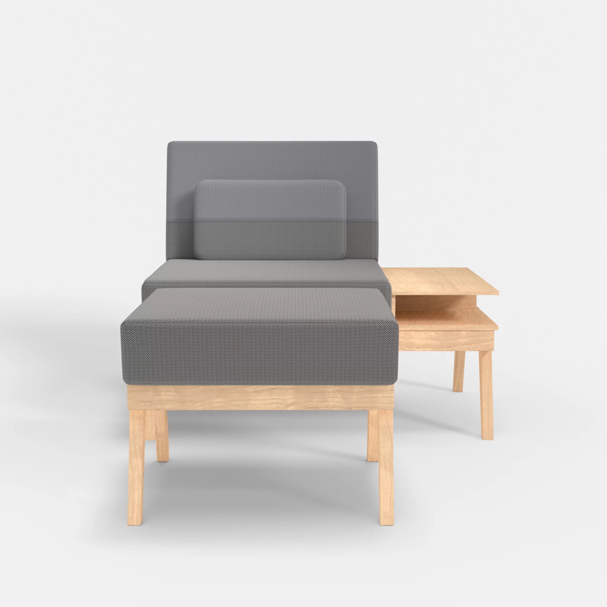 1er Sitzsofa Bauz mit Ablage rechts und Pouf credozinn-credochalk in Mittelgrau und Hellgrau von vorne