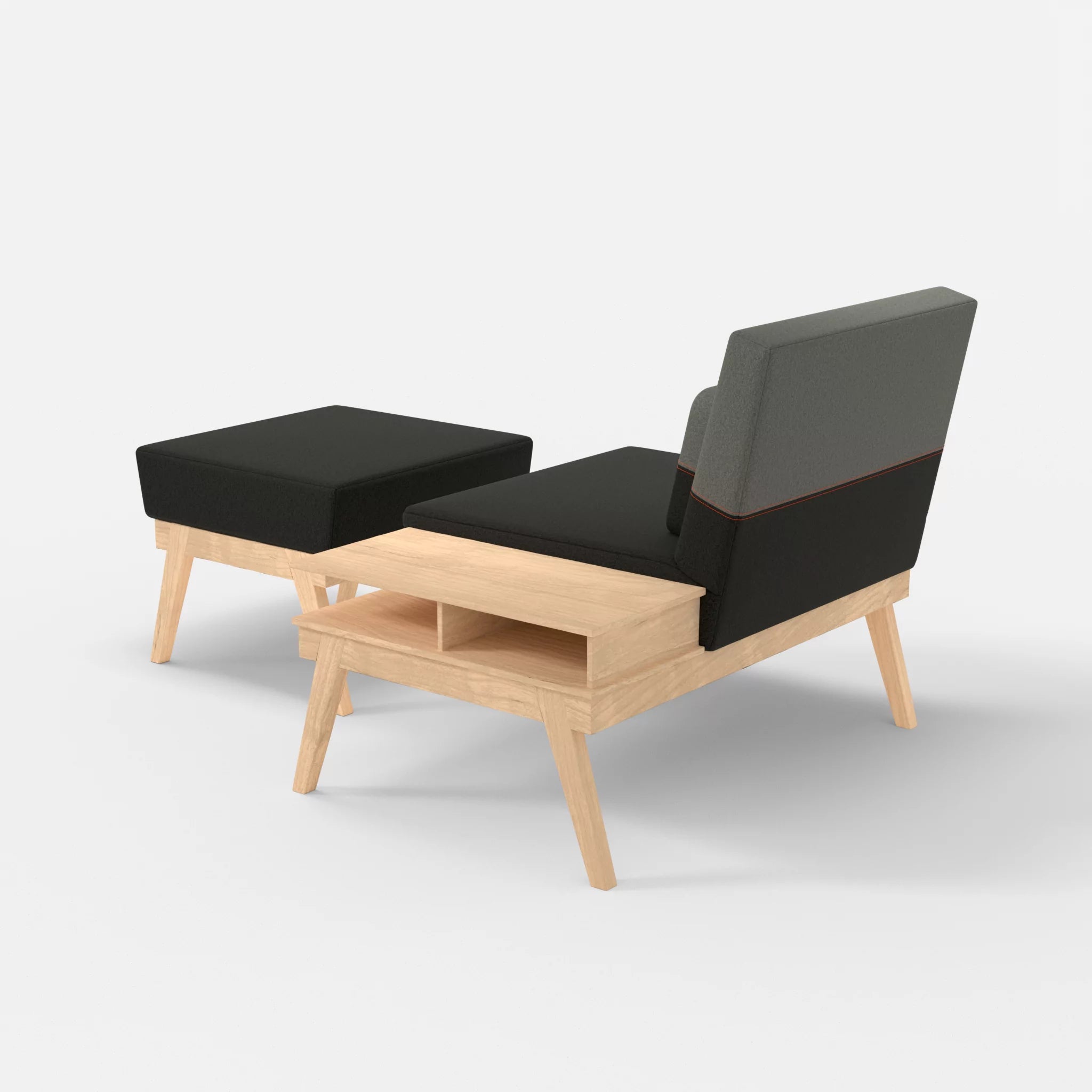 1er Sitzsofa Bauz mit Ablage rechts und Pouf dama0002-dama0003 in Anthrazit und Mittelgrau von hinten