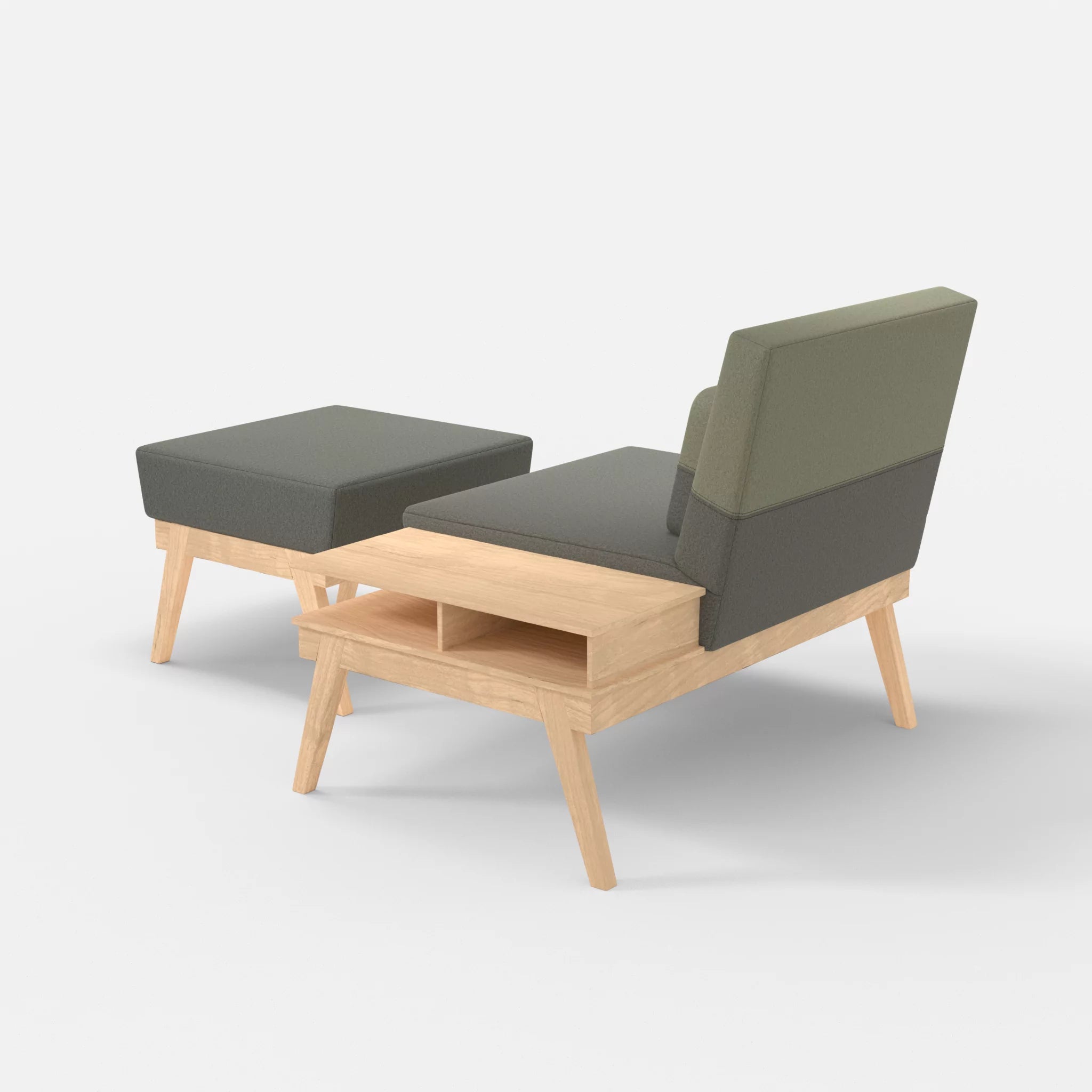 1er Sitzsofa Bauz mit Ablage rechts und Pouf dama0003-dama0057 in Mittelgrau und Hellgrau von hinten