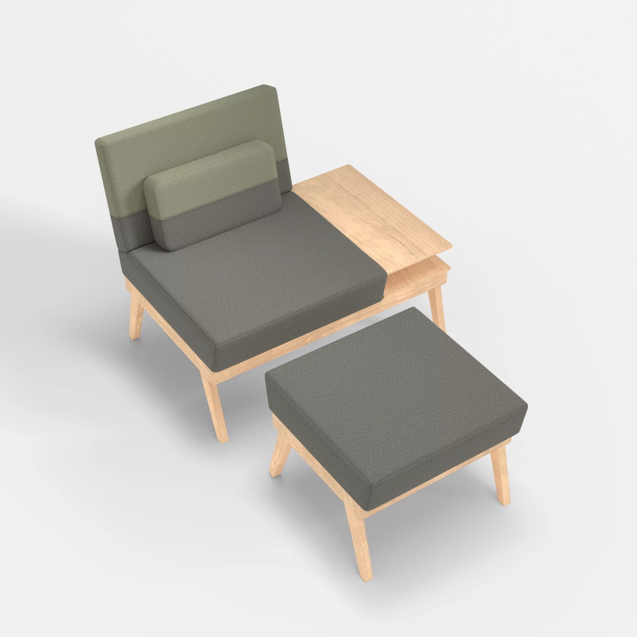 1er Sitzsofa Bauz mit Ablage rechts und Pouf dama0003-dama0057 in Mittelgrau und Hellgrau von oben