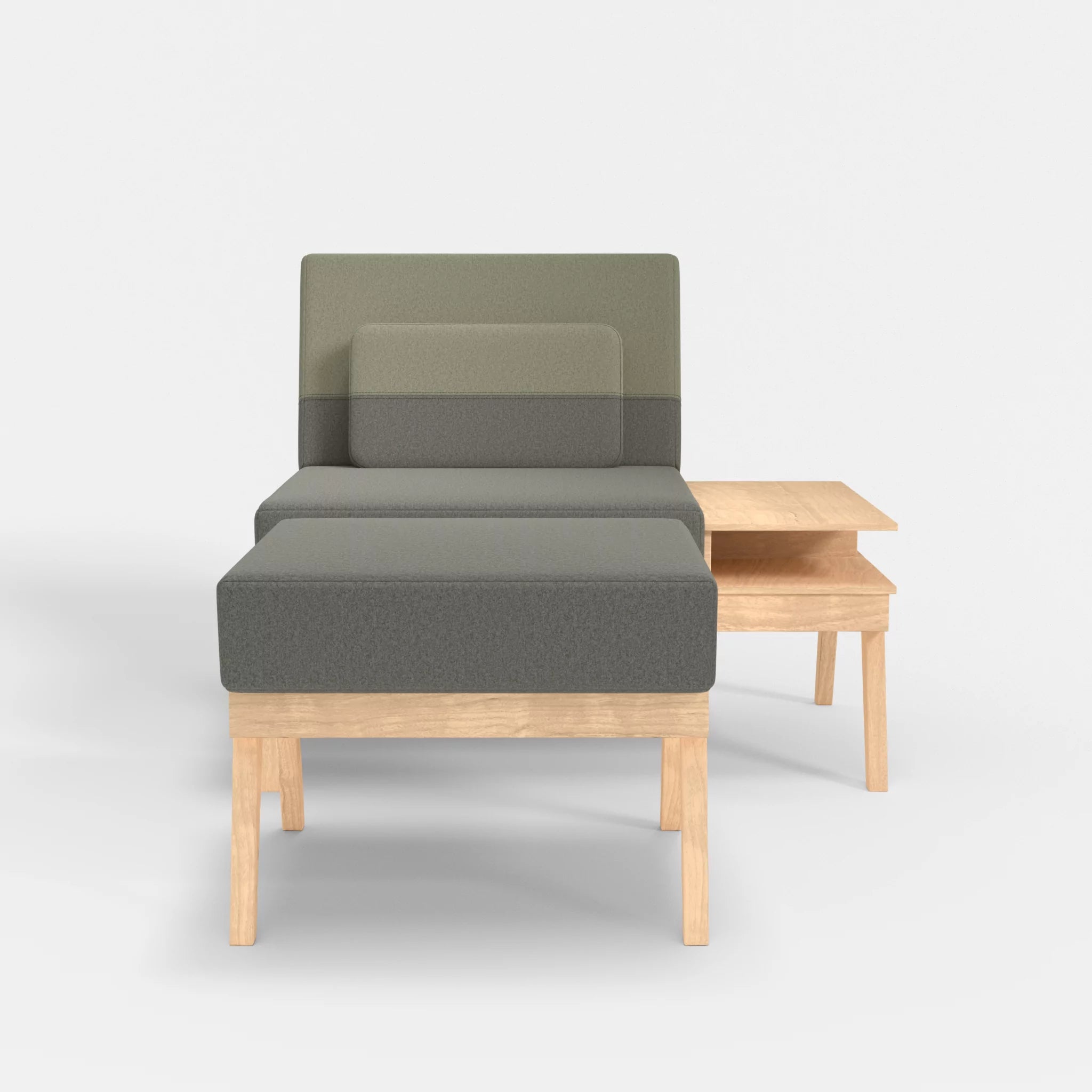 1er Sitzsofa Bauz mit Ablage rechts und Pouf dama0003-dama0057 in Mittelgrau und Hellgrau von vorne