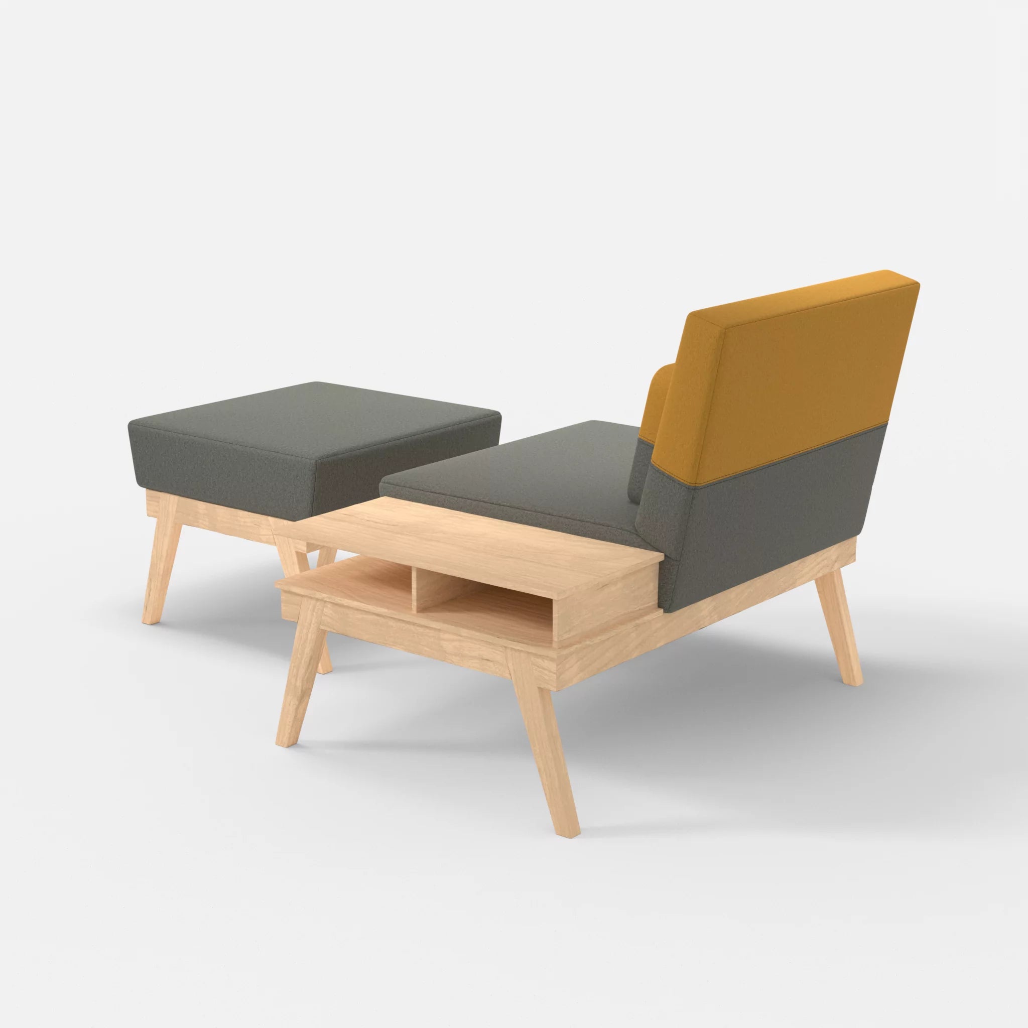 1er Sitzsofa Bauz mit Ablage rechts und Pouf dama0003-dama0081 in Mittelgrau und Curry von hinten