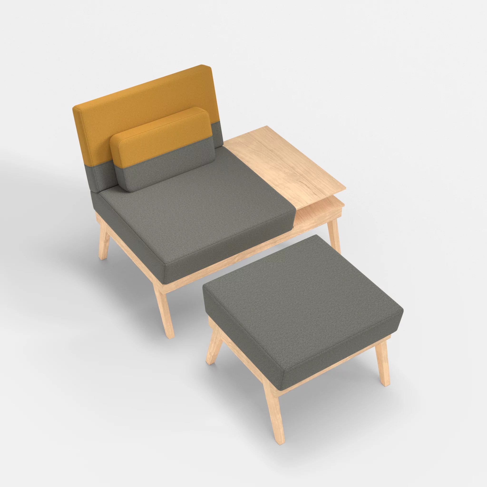 1er Sitzsofa Bauz mit Ablage rechts und Pouf dama0003-dama0081 in Mittelgrau und Curry von oben