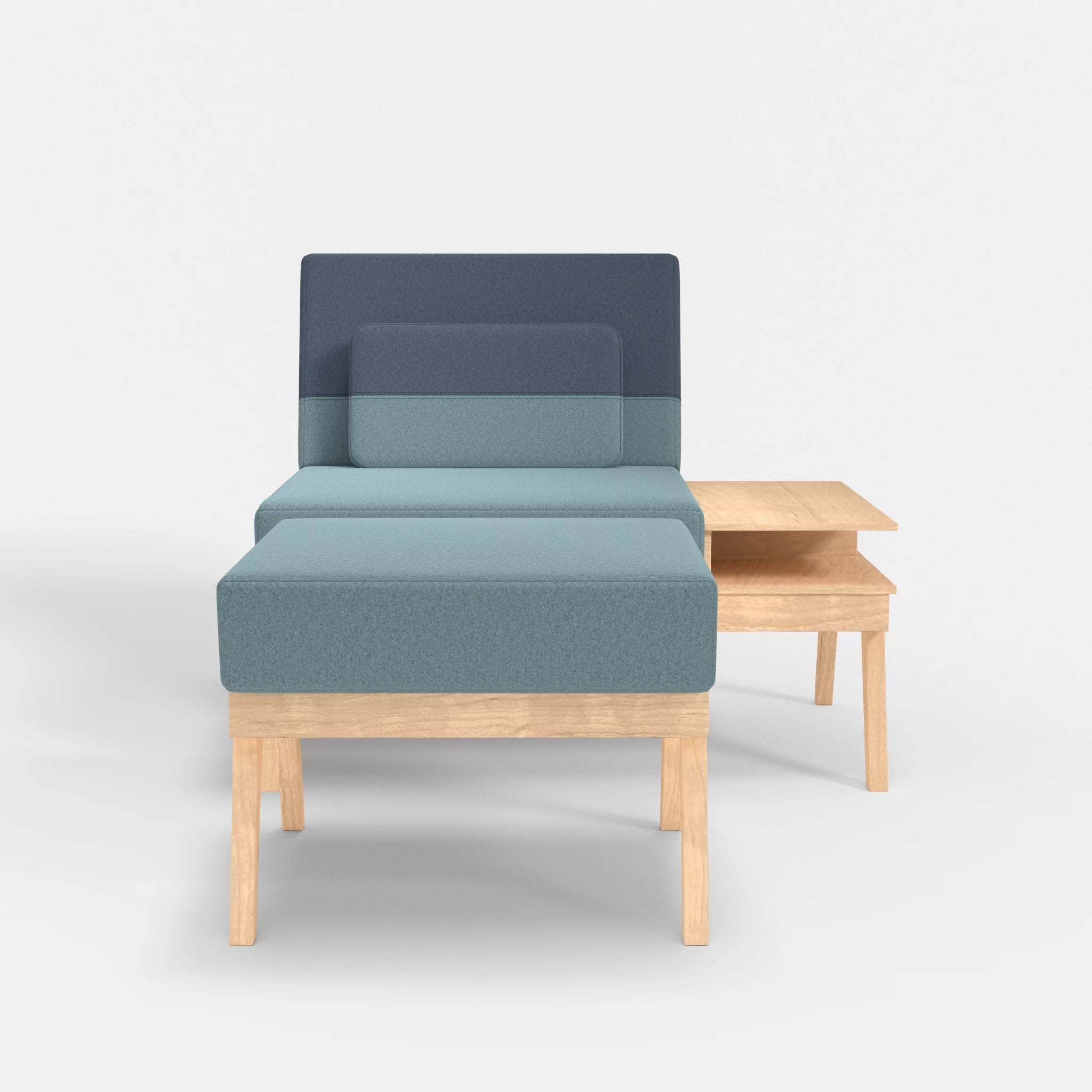 1er Sitzsofa Bauz mit Ablage rechts und Pouf dama0016-dama0075 in Hellblau und Blau von vorne