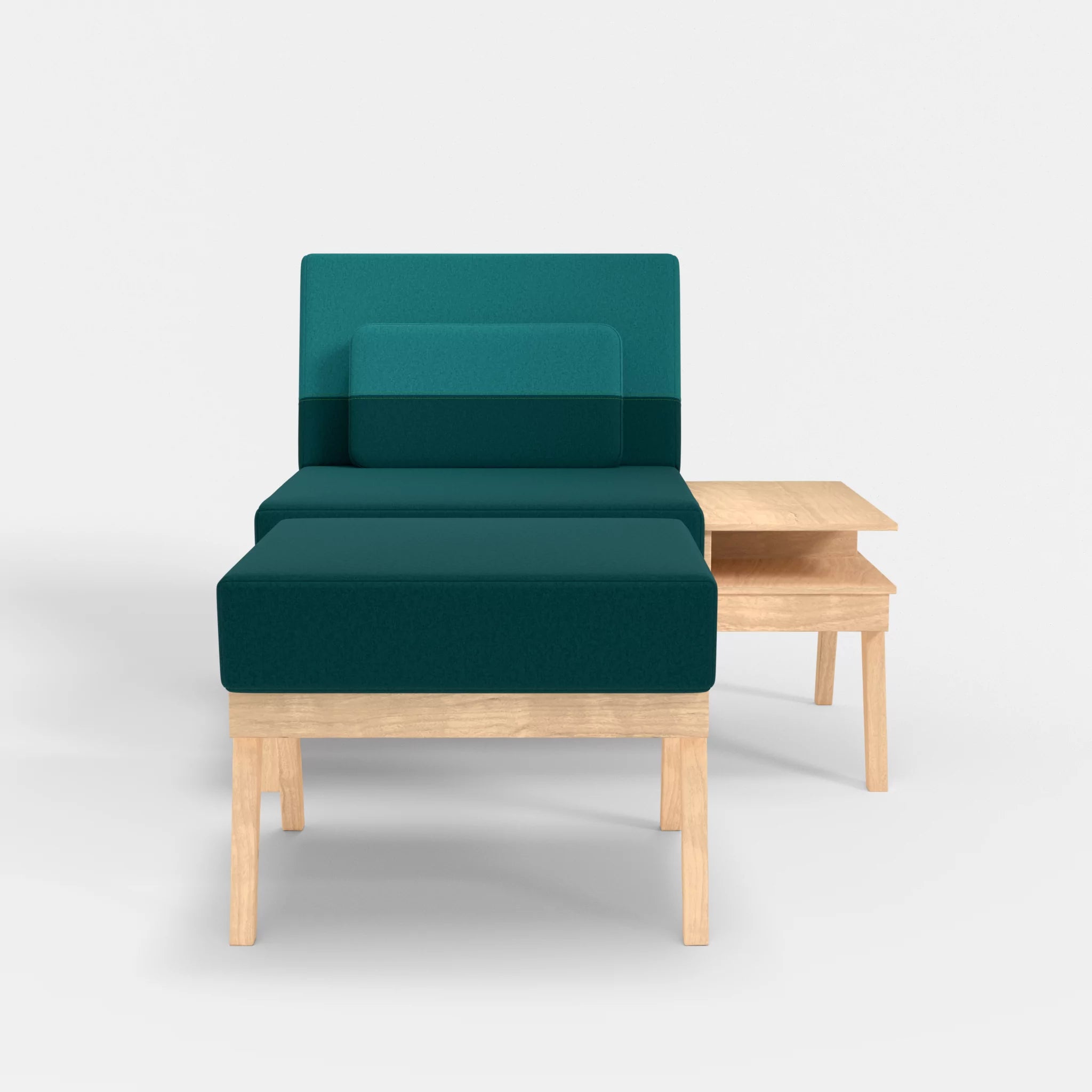 1er Sitzsofa Bauz mit Ablage rechts und Pouf dama0018-dama0076 in Türkis und Türkis von vorne