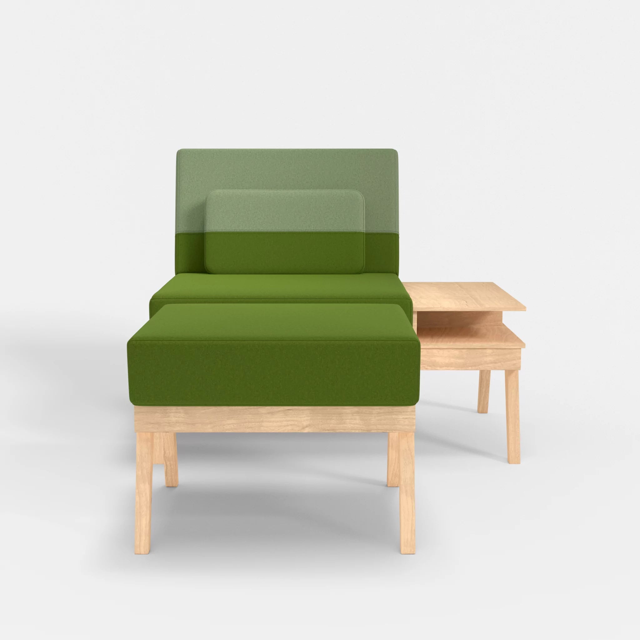 1er Sitzsofa Bauz mit Ablage rechts und Pouf dama0027-dama0042 in Grün und Hellgrün von vorne