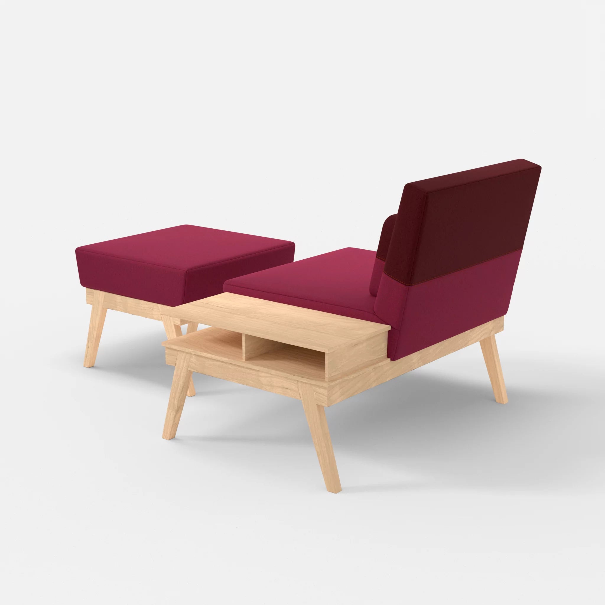 1er Sitzsofa Bauz mit Ablage rechts und Pouf dama0034-dama0050 in Bordeaux und Fuchsia von hinten