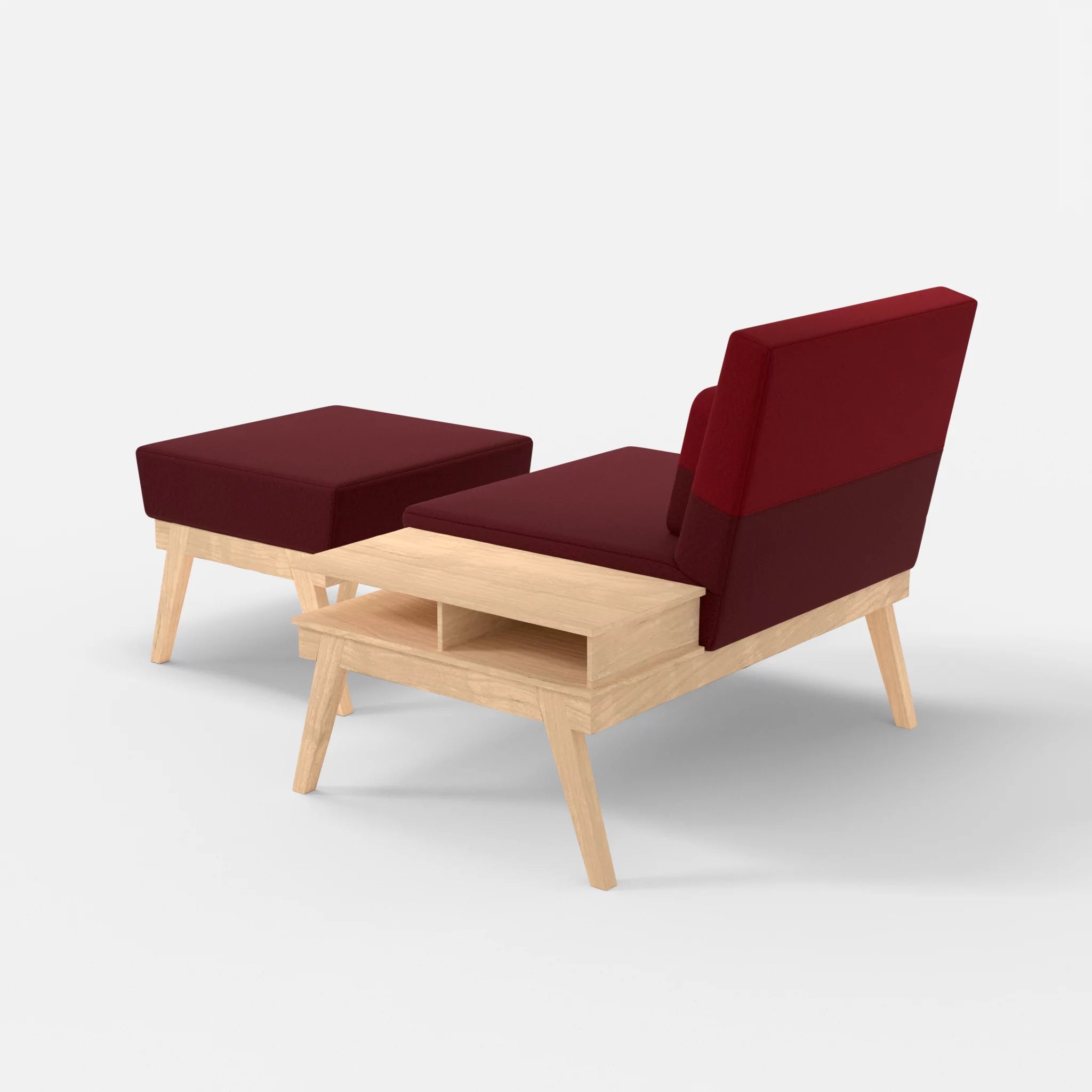 1er Sitzsofa Bauz mit Ablage rechts und Pouf dama0034-dama0053 in Bordeaux und Rot von hinten