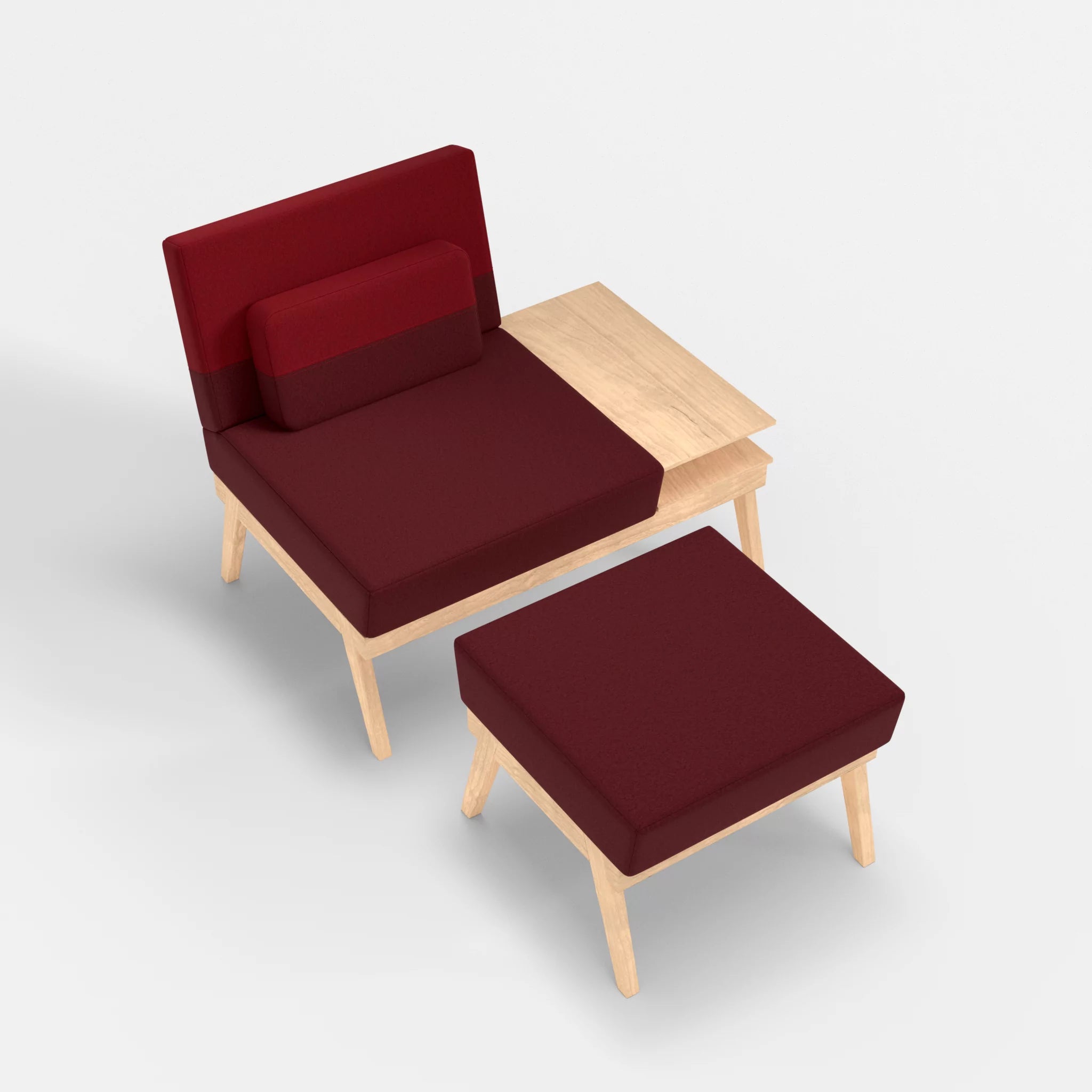 1er Sitzsofa Bauz mit Ablage rechts und Pouf dama0034-dama0053 in Bordeaux und Rot von oben